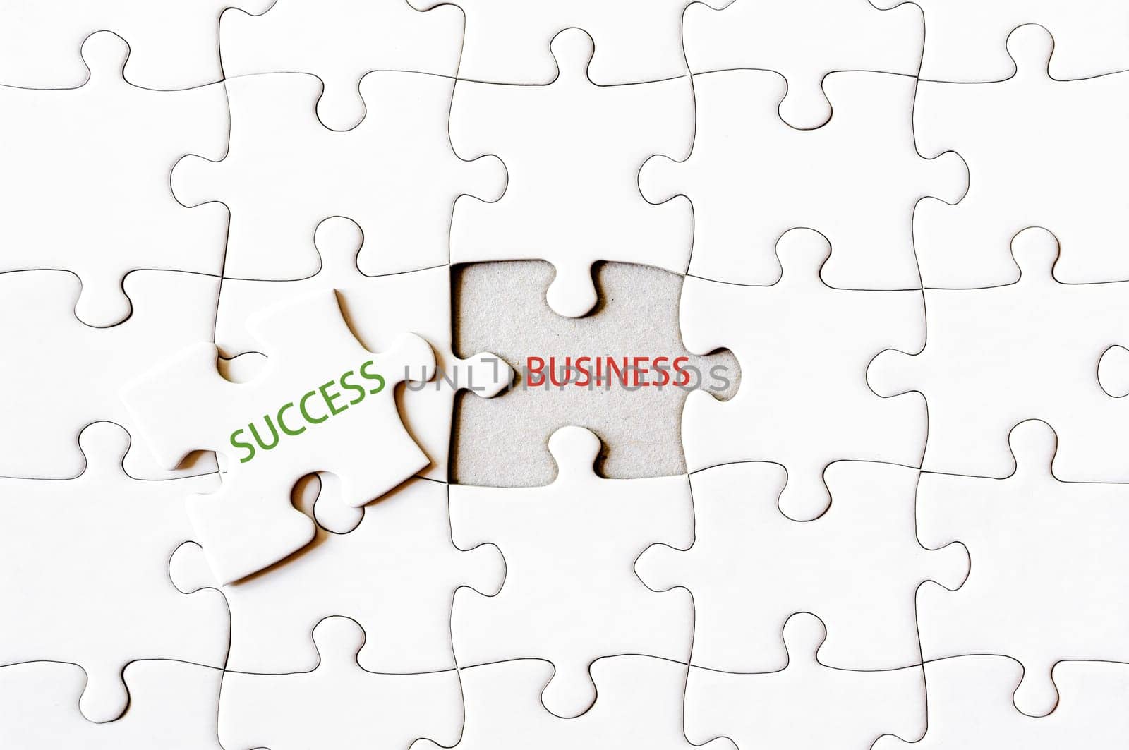 Missing jigsaw puzzle piece with word SUCCESS, covering text BUSINESS. Business concept image for completing the final puzzle piece.
