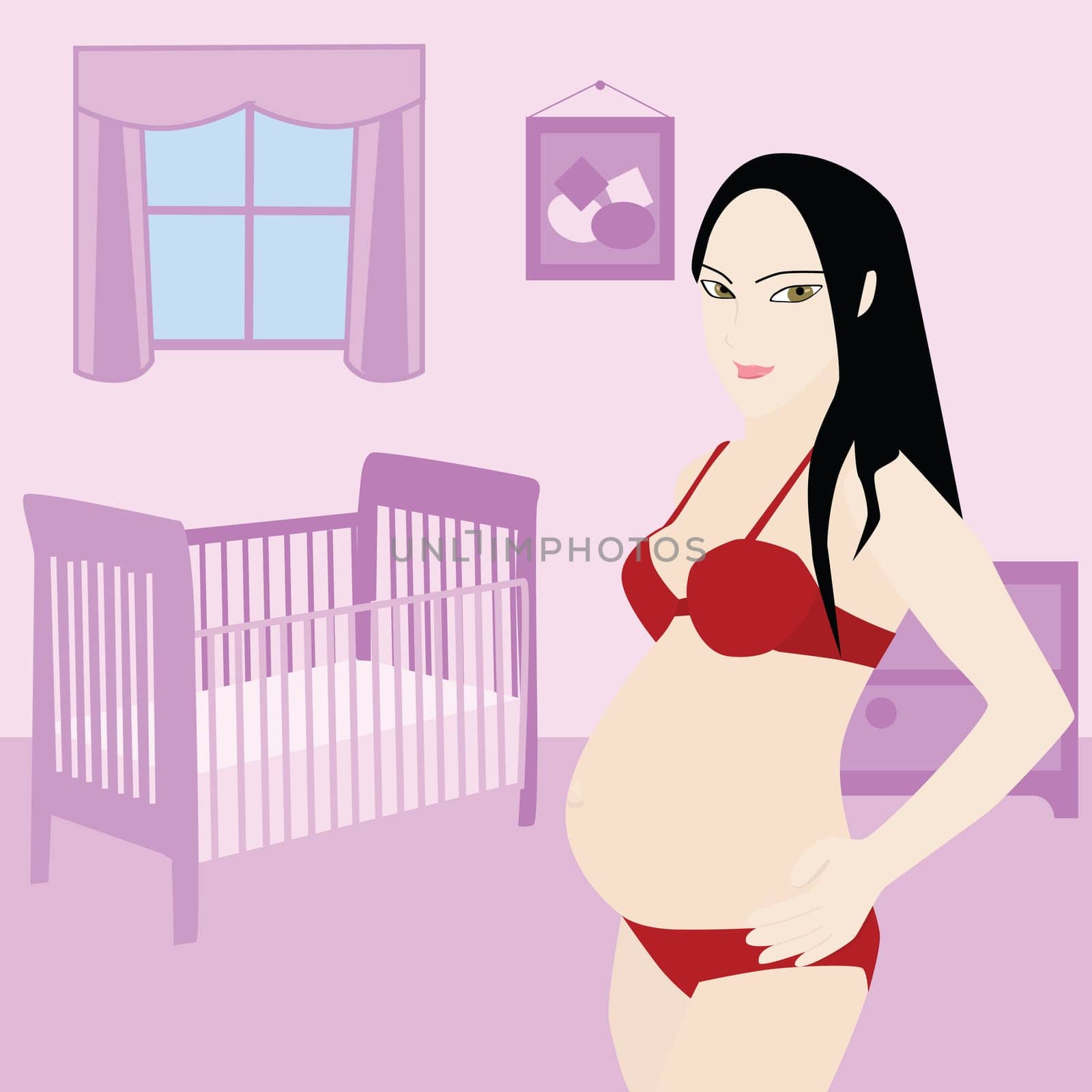Illustration of a young pregnant woman in a pink baby room