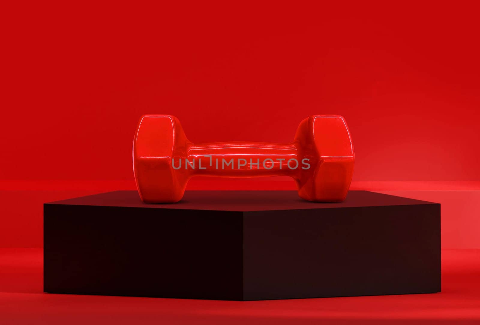 Dumbbells on black pentagon podium in the red studio