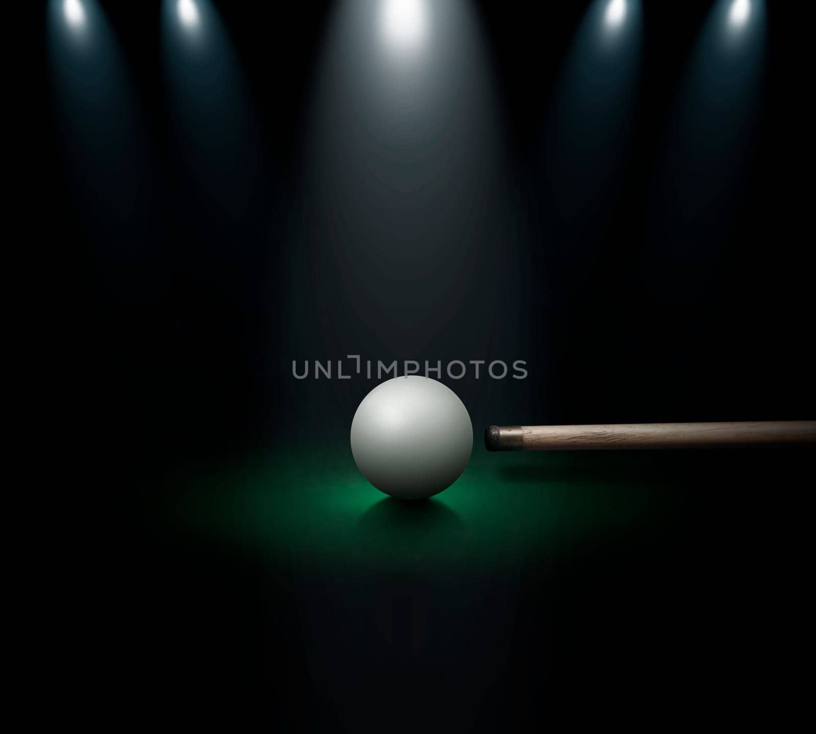 Snooker player hitting a ball, shallow depth of field on dark background. There is a shining spotlin