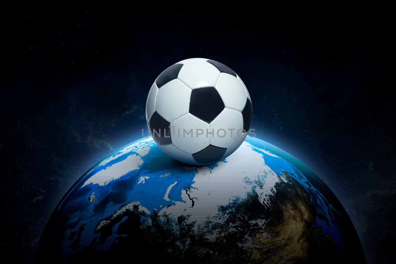 Soccer ball on, night world in outer space abstract wallpaper. 3d render