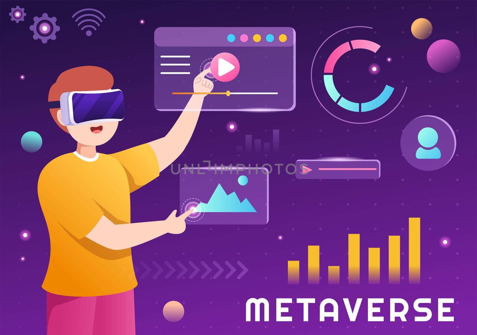 Metaverse Digital Virtual Reality Technology wears VR Glasses for Future Innovation and Communication in Hand Drawn Flat Cartoon Illustration