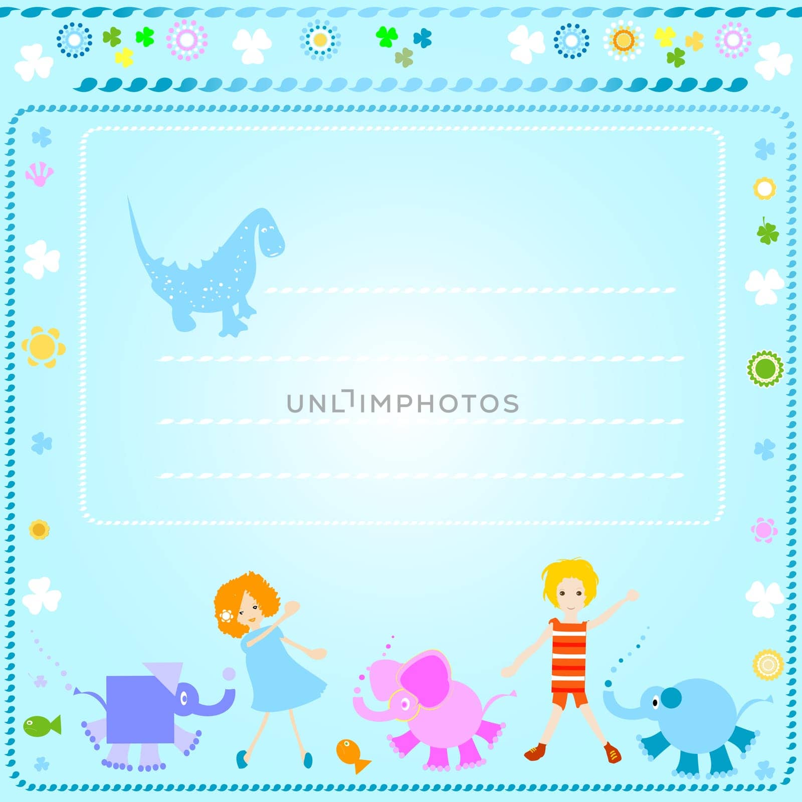 colorful background for kids with happy children and colorful flowers
