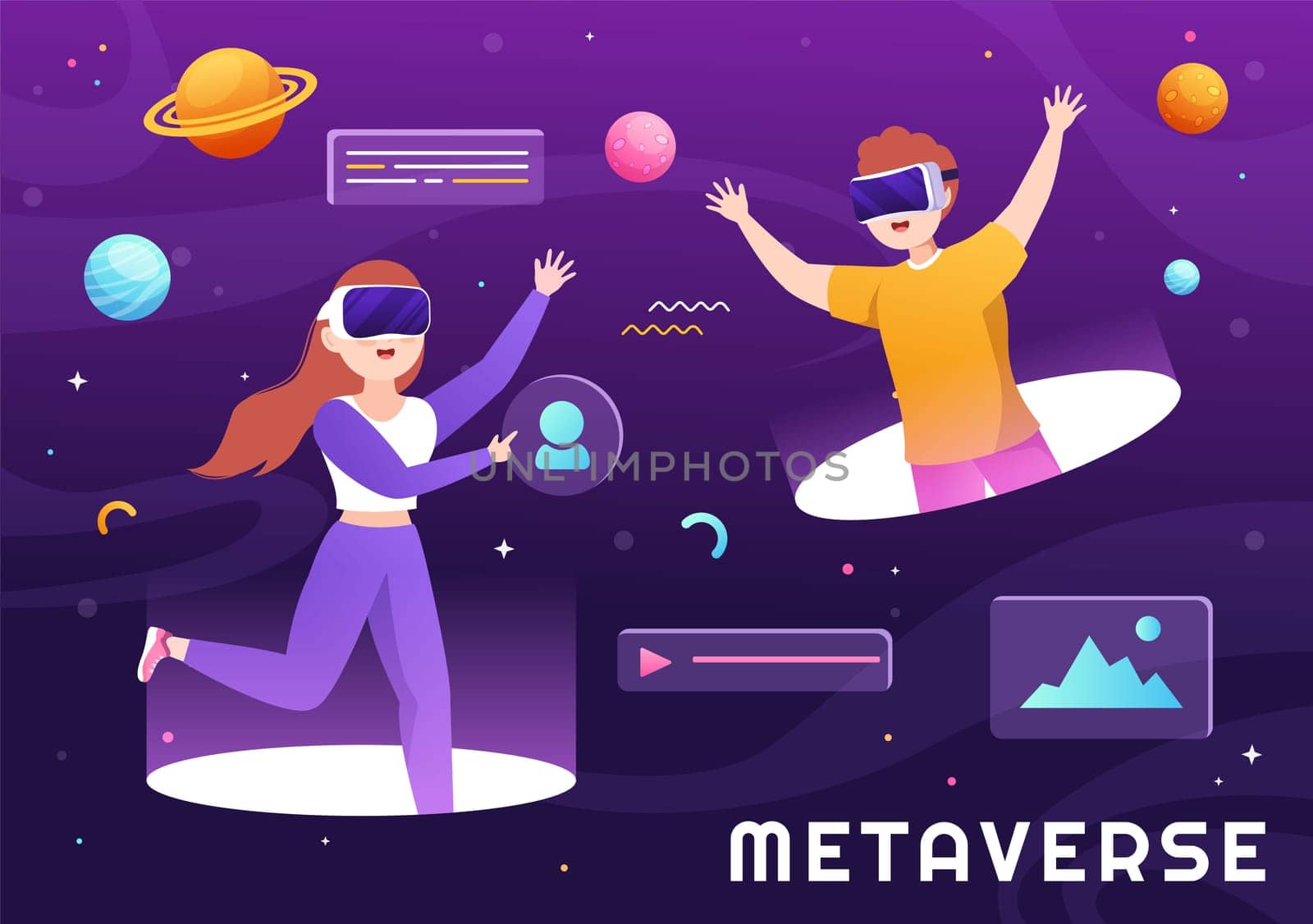 Metaverse Digital Virtual Reality Technology wears VR Glasses for Future Innovation and Communication in Hand Drawn Flat Cartoon Illustration