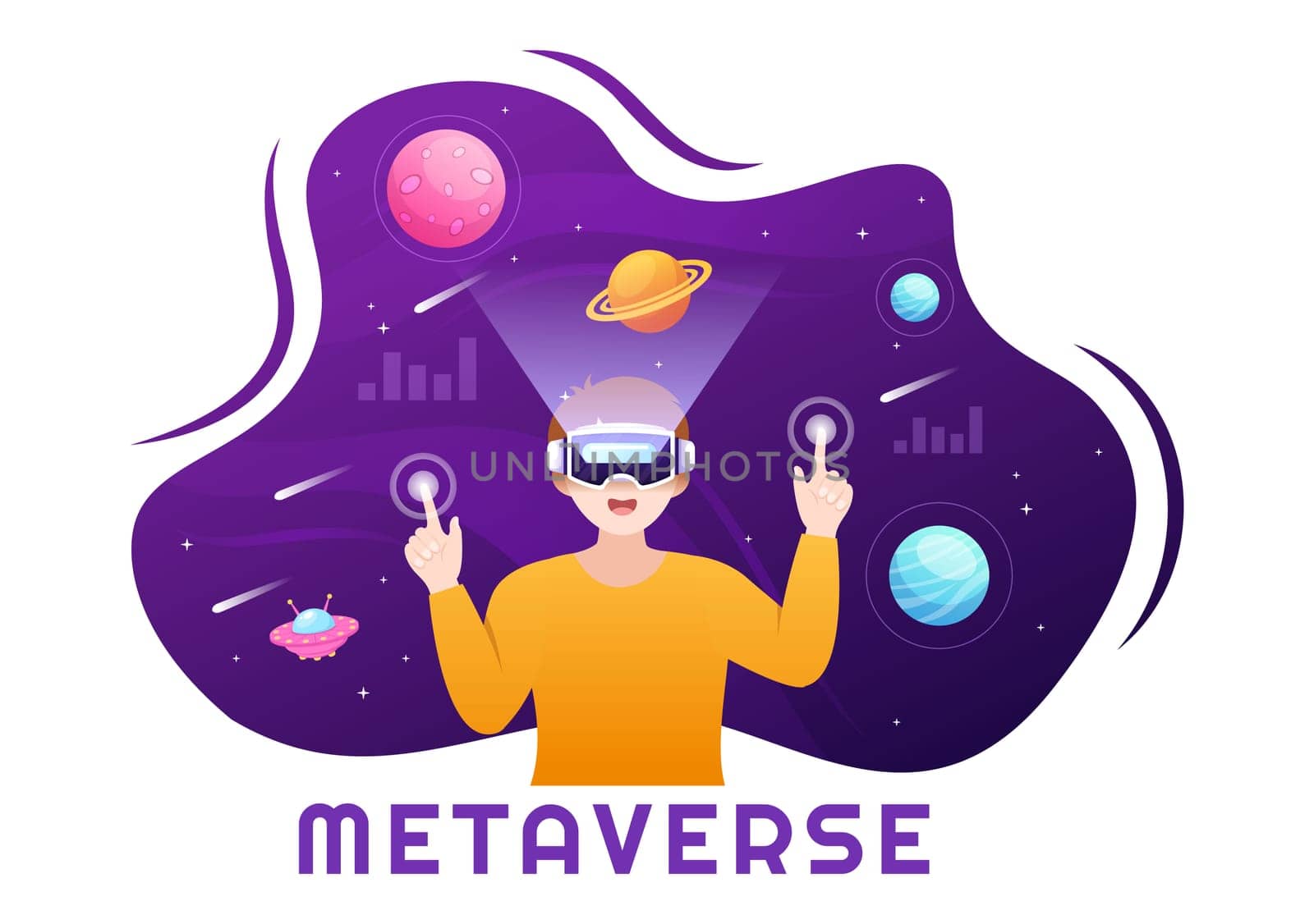 Metaverse Digital Virtual Reality Technology wears VR Glasses for Future Innovation and Communication in Hand Drawn Flat Cartoon Illustration