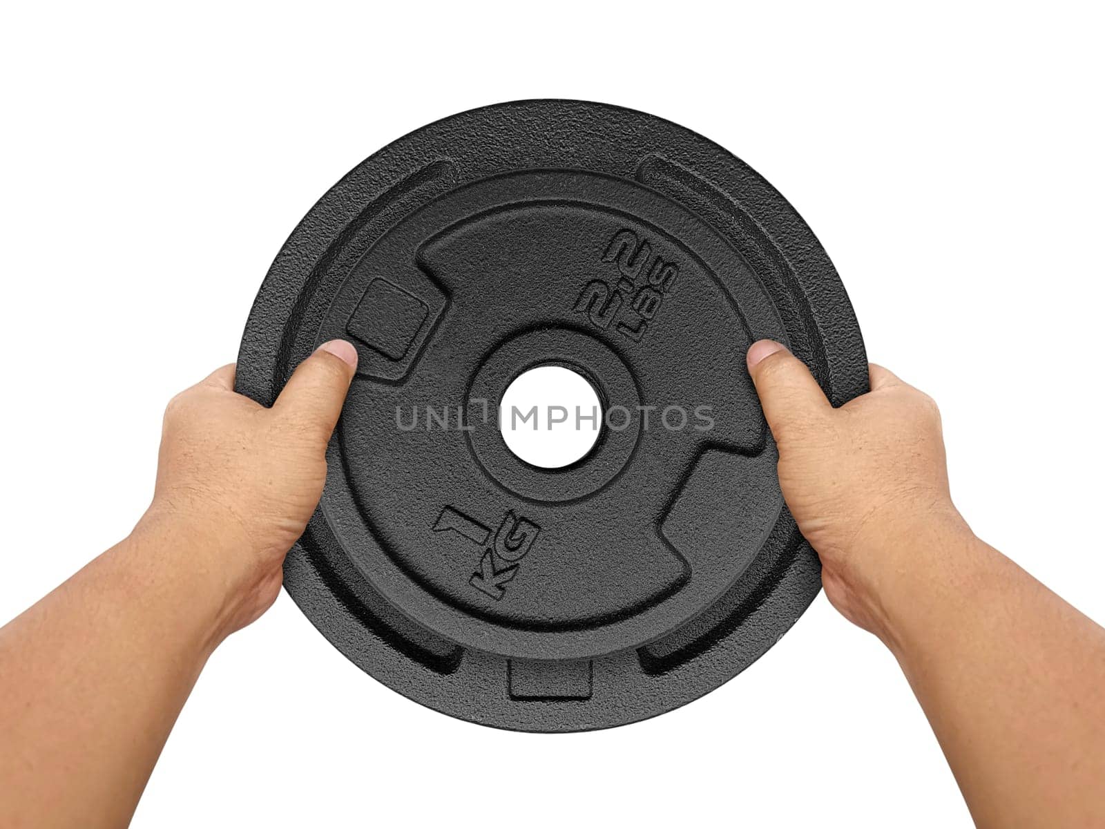 Hands holding Heavy weight plate isolated on white background