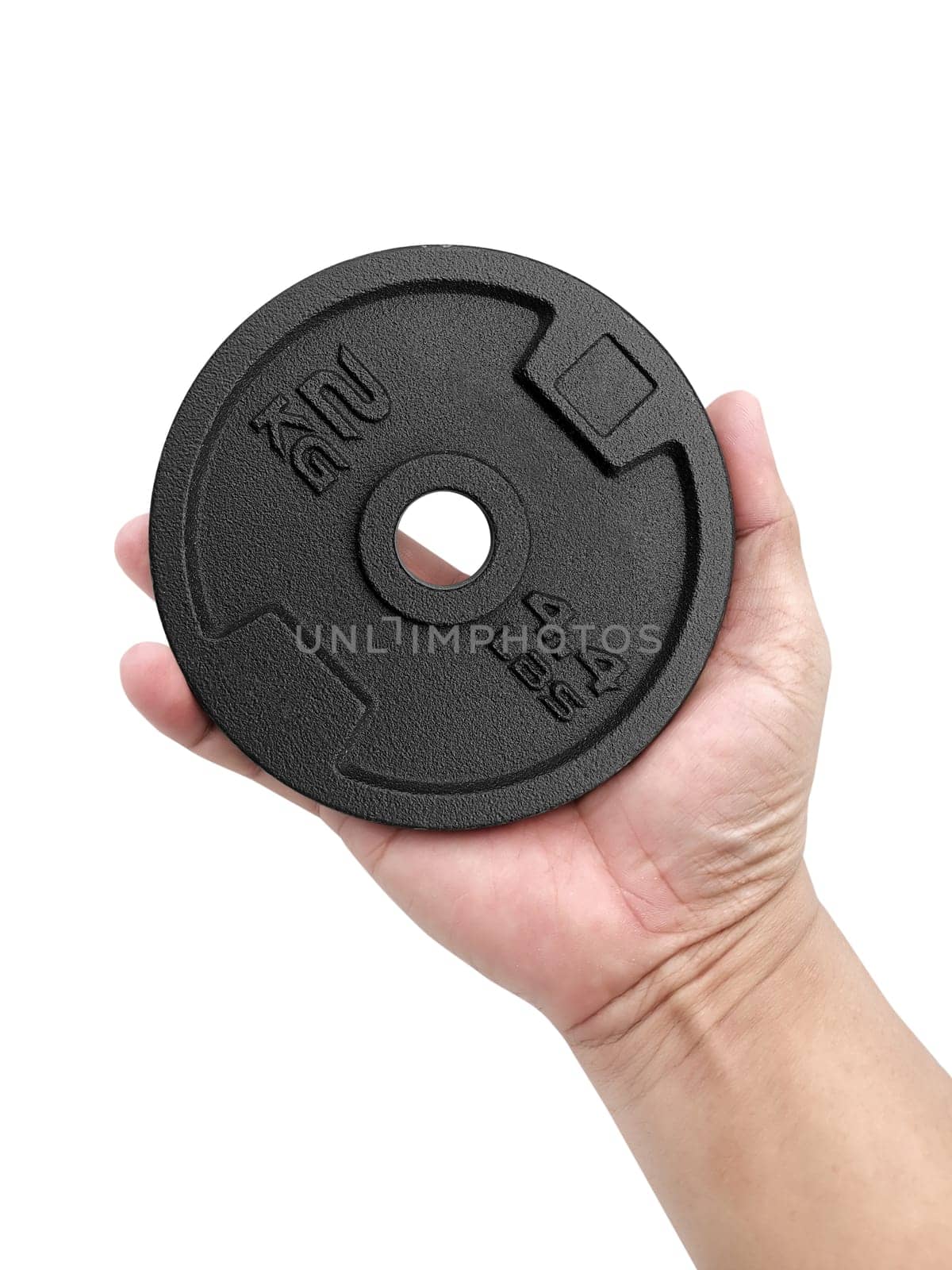 Heavy weight plate, in hand on white background