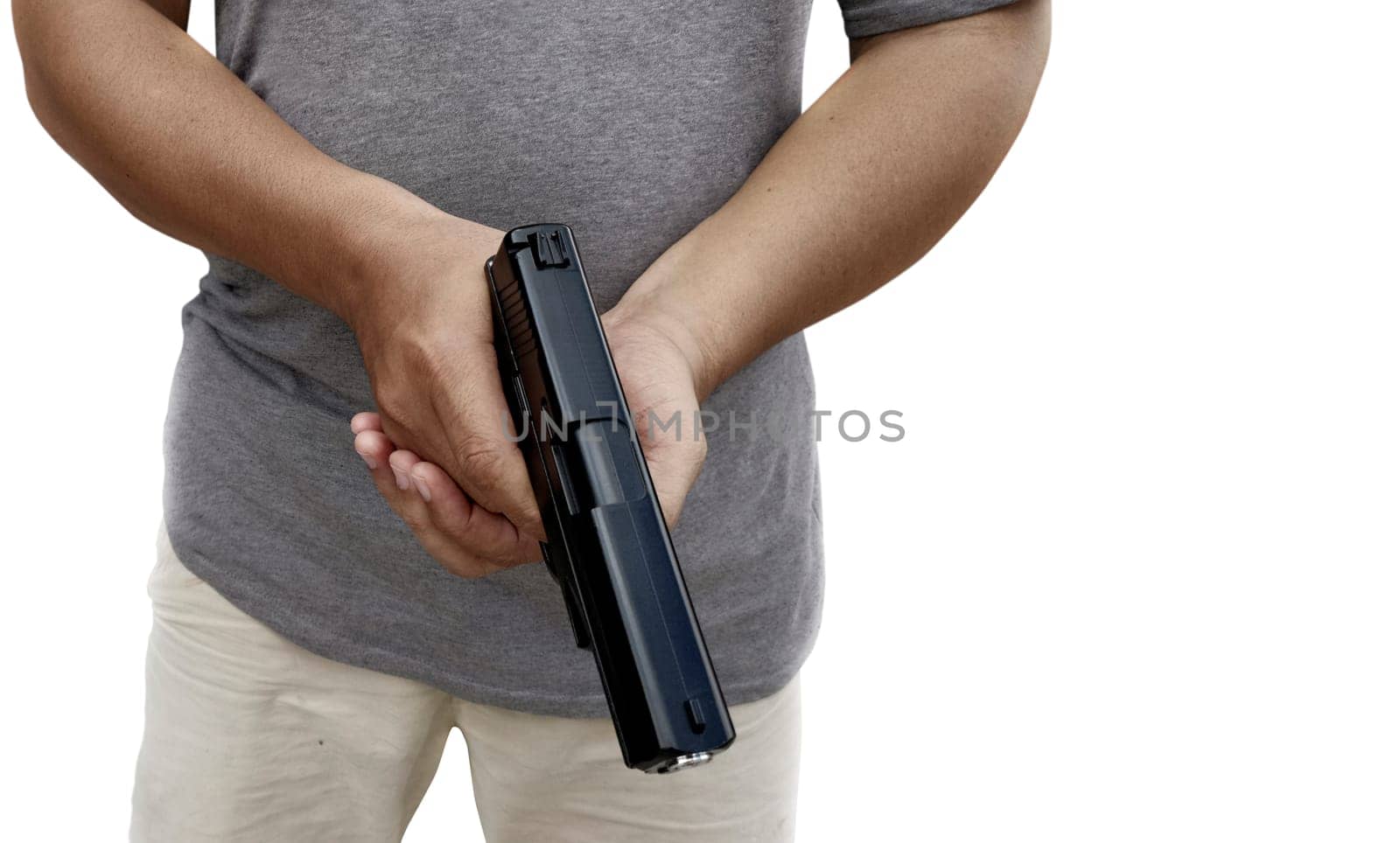 Man holding a gun in his hand with white background