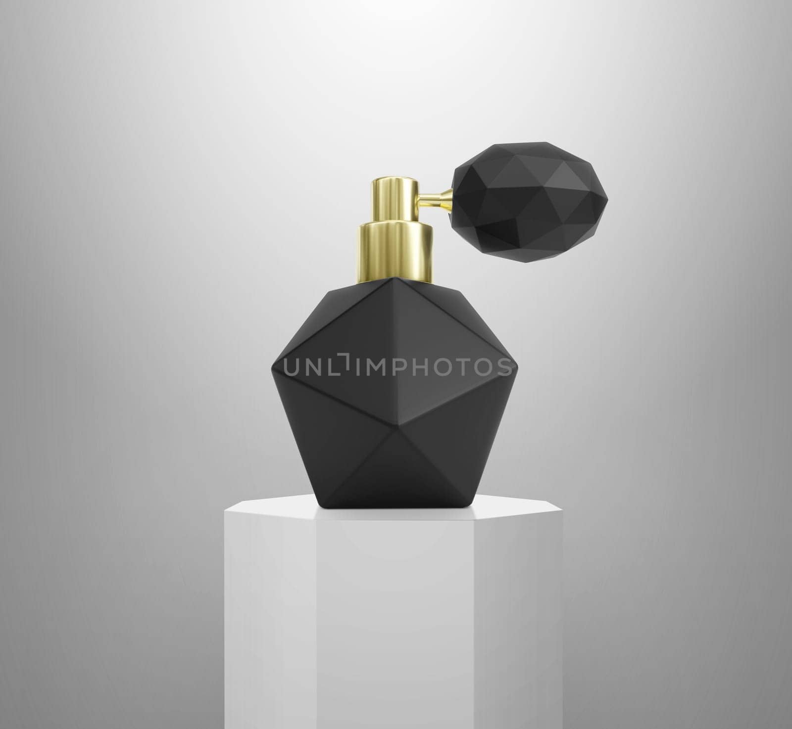 Perfume bottle 3d render exhibit displays. Spotlight illuminates pedestal