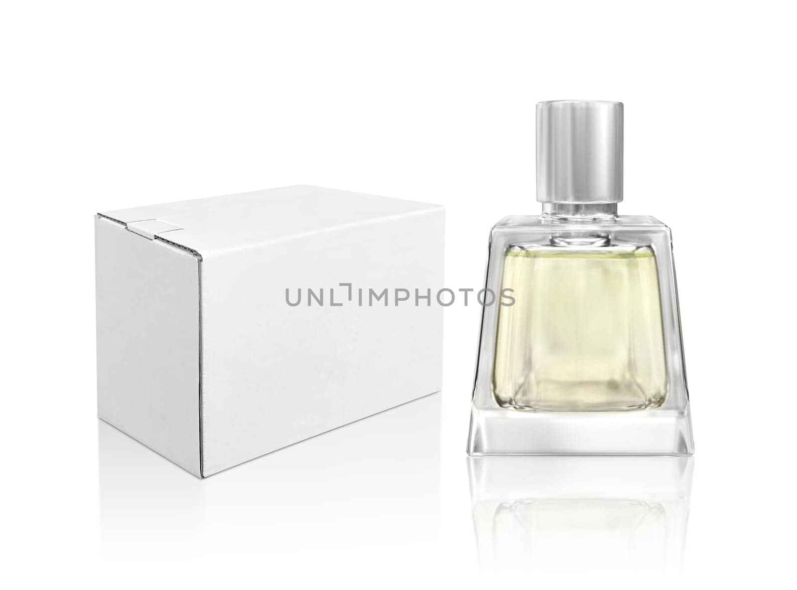 Perfume bottle and white packaging box