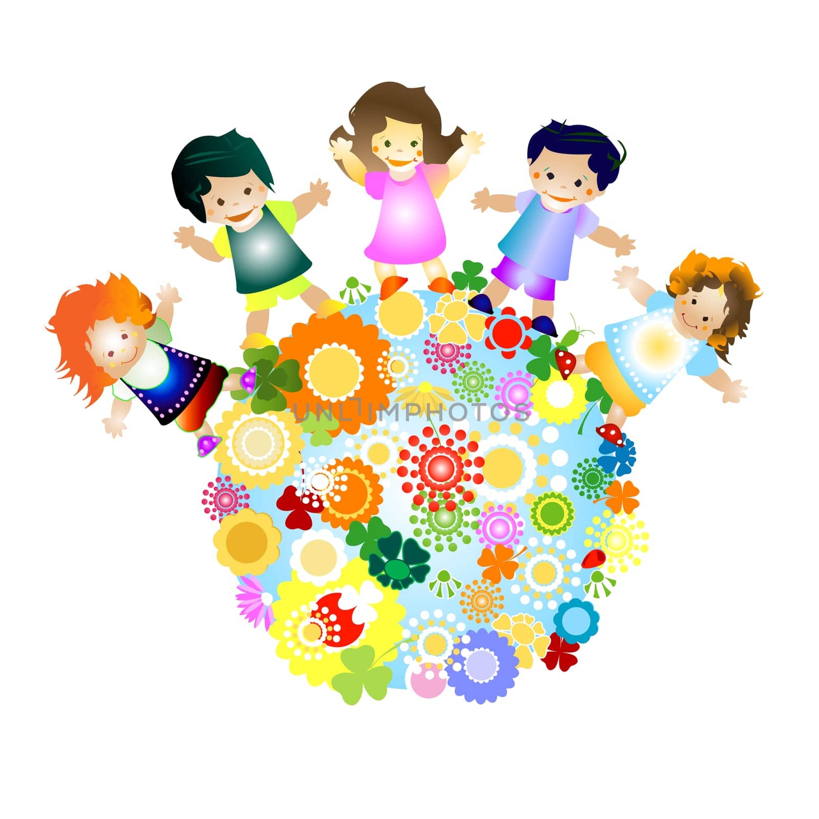 kids and planet  joyful illustration with planet earth, happy children and colorful flowers