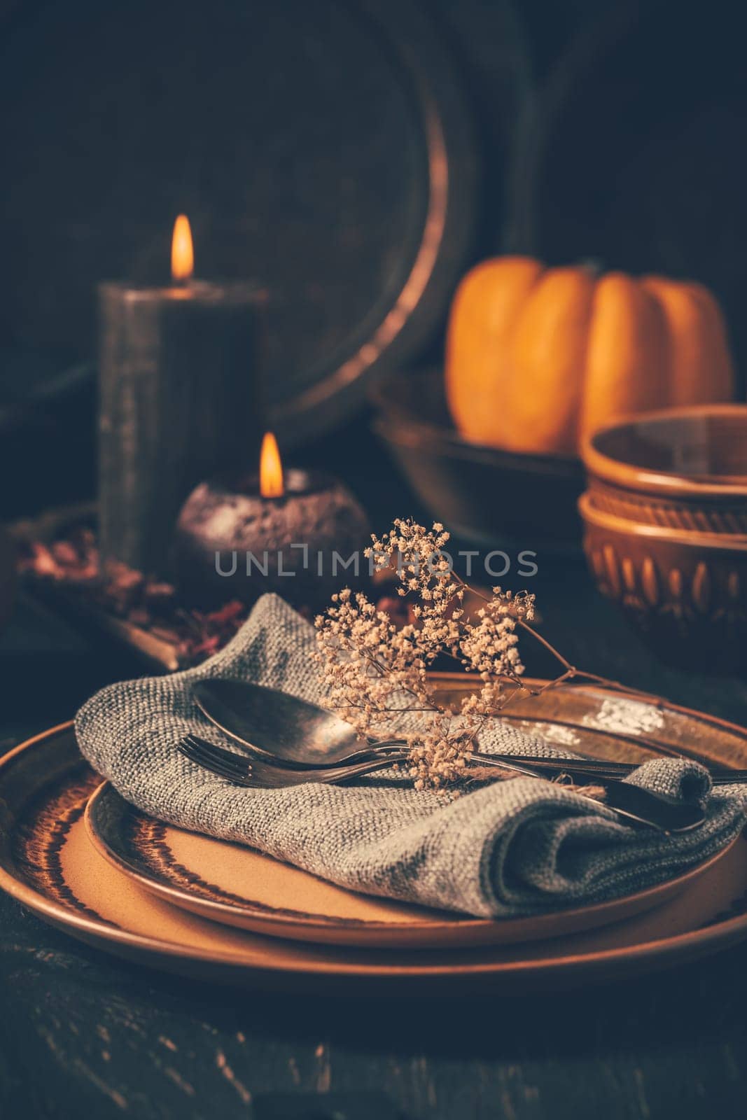 Restaurant autumn table setting. Thanksgiving holiday Place setting autumn decoration.