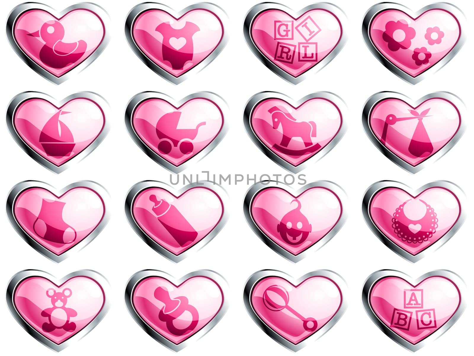 16 glossy heart-shaped baby themed buttons. Graphics are grouped and in several layers for easy editing. The file can be scaled to any size.