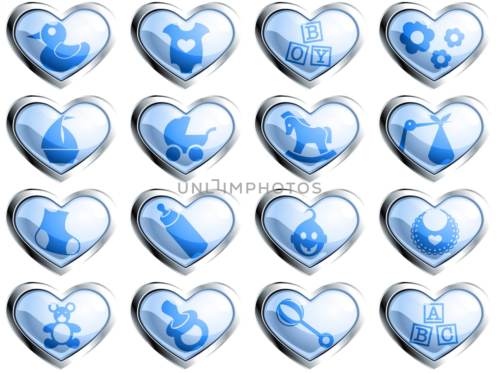 16 glossy heart-shaped baby themed buttons. Graphics are grouped and in several layers for easy editing. The file can be scaled to any size.