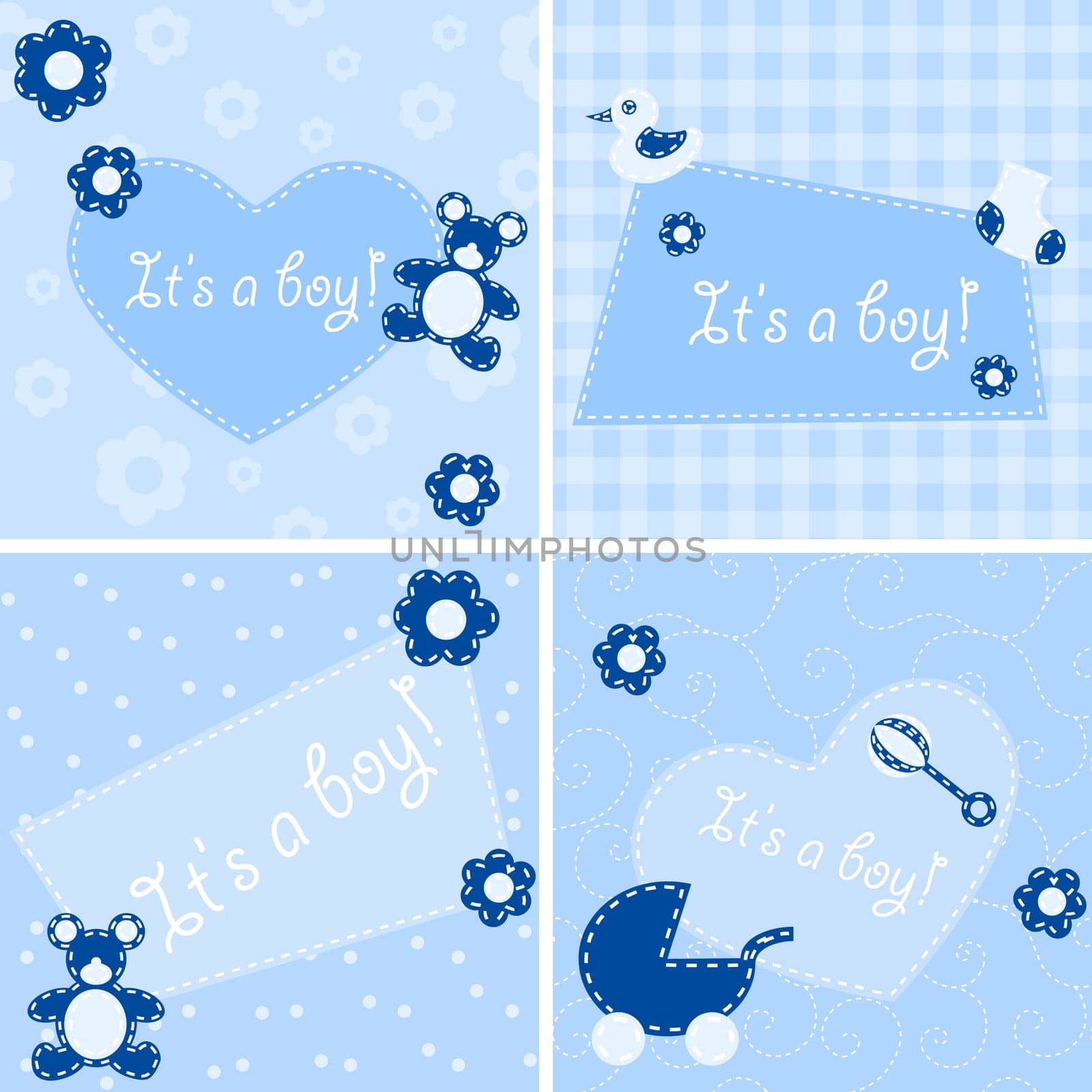 Four designs for birth announcement cards, baby-showers etc. Graphics are grouped and in several layers for easy editing. The file can be scaled to any size.