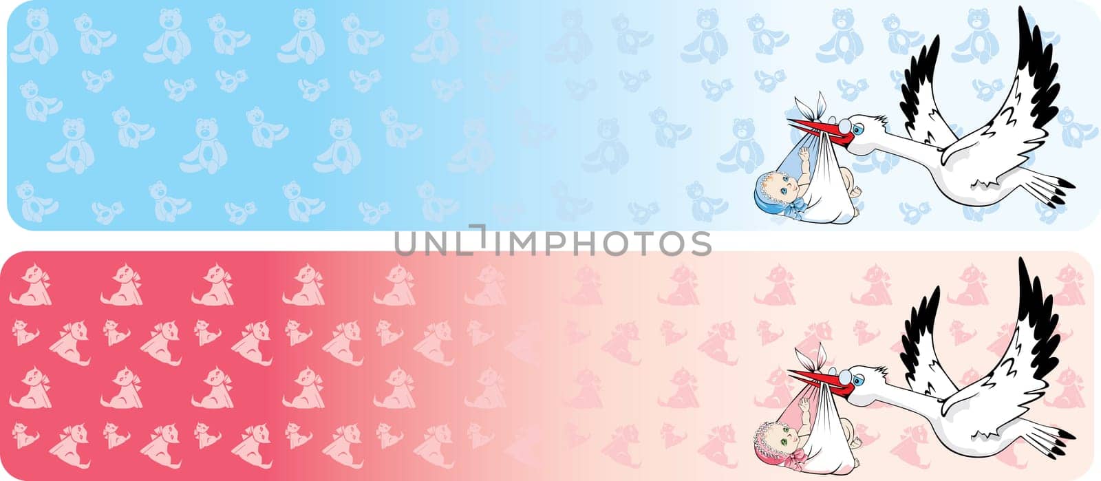 Vector illustration of two banners with stork delivering newborn baby