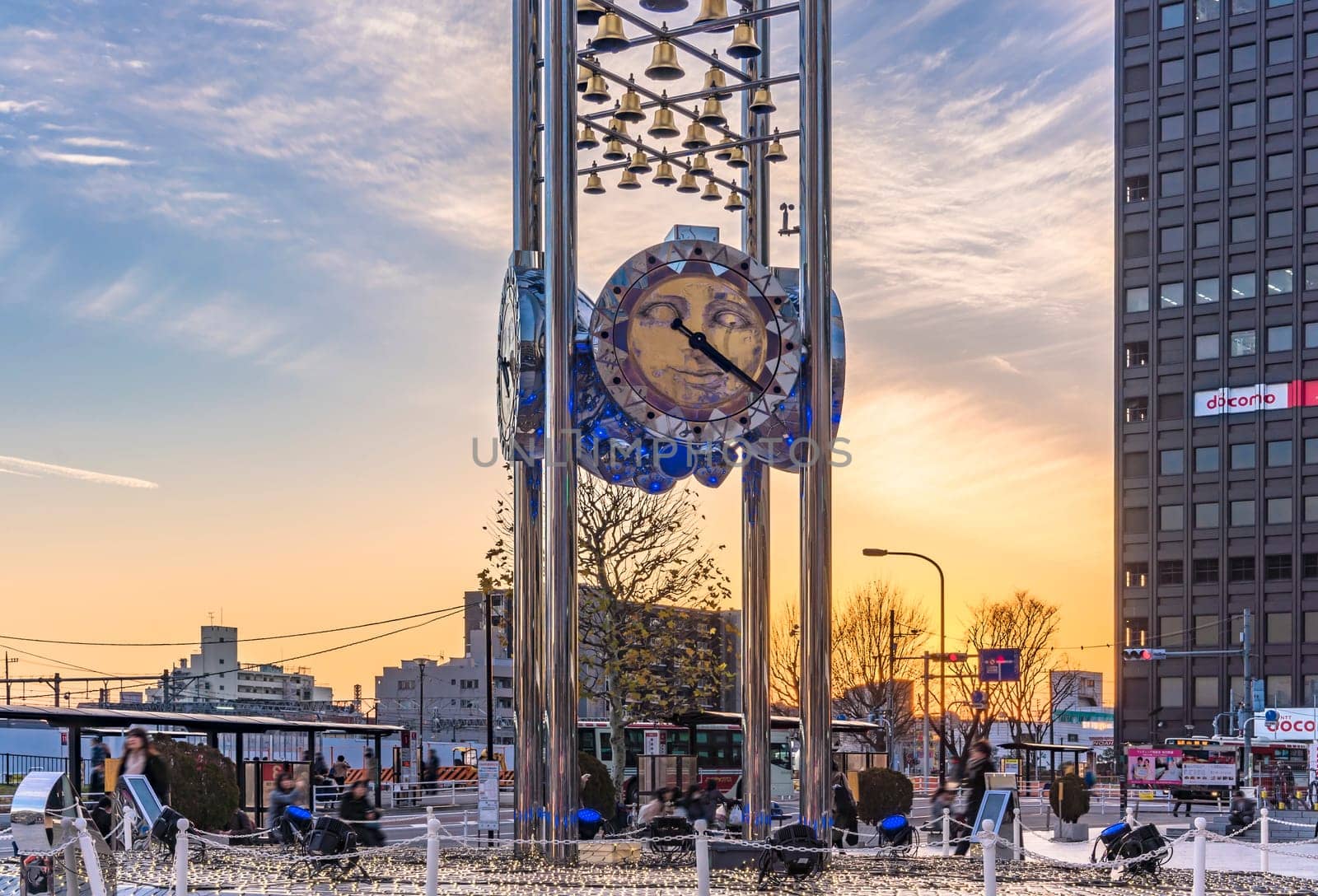 tokyo, nakano - dec 25 2020:Clock monument of the Sun plaza building at the north exit of Nakano Station at sunset.