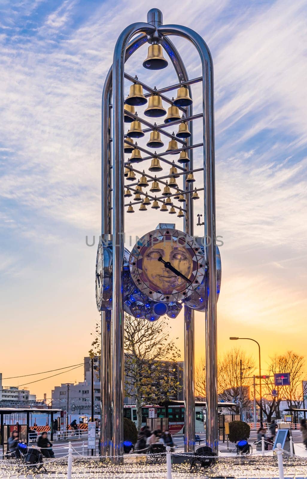 tokyo, nakano - dec 25 2020:Clock monument of the Sun plaza building at the north exit of Nakano Station at sunset.