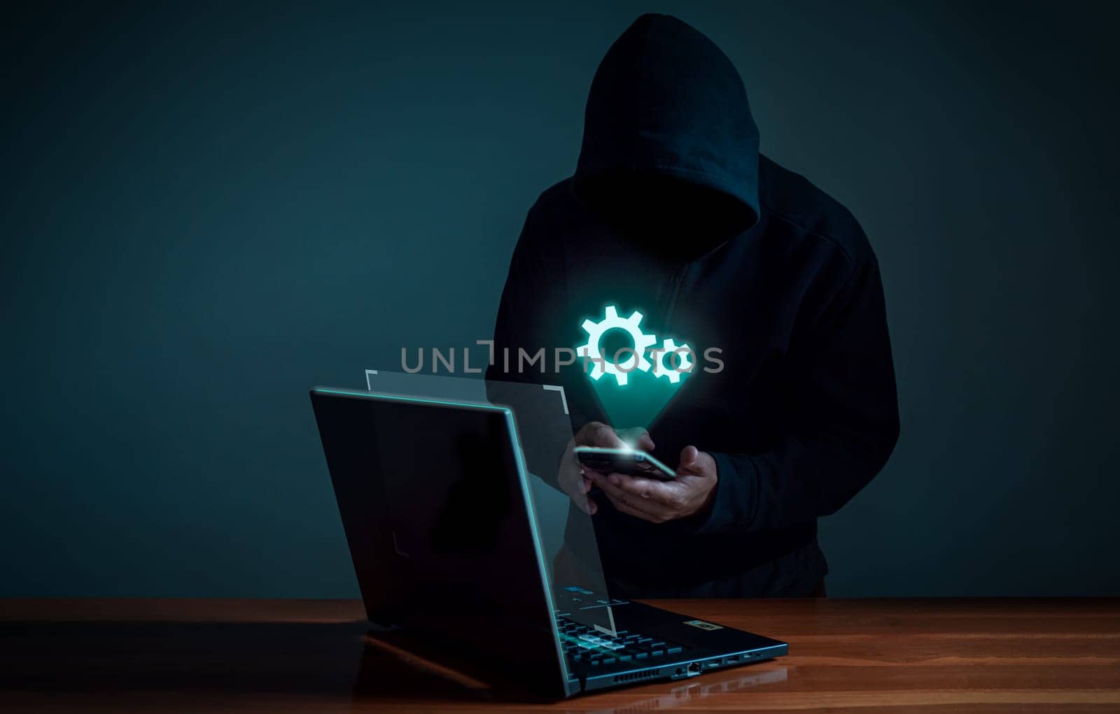 Hackers spy on cell phones. Concept of information security system in internet network and information espionage.