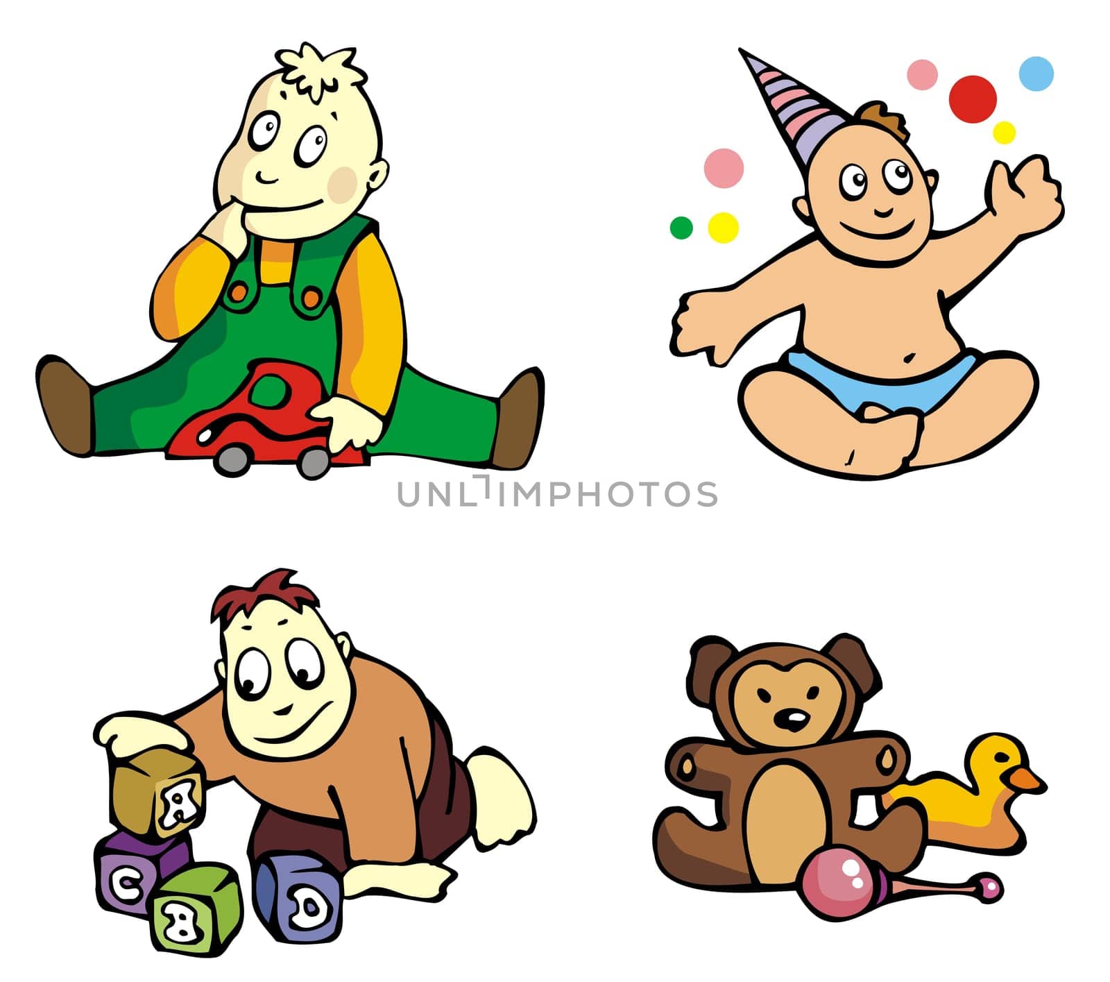 Set of cartoon drawing of children, babies, different activities, vector illustration
