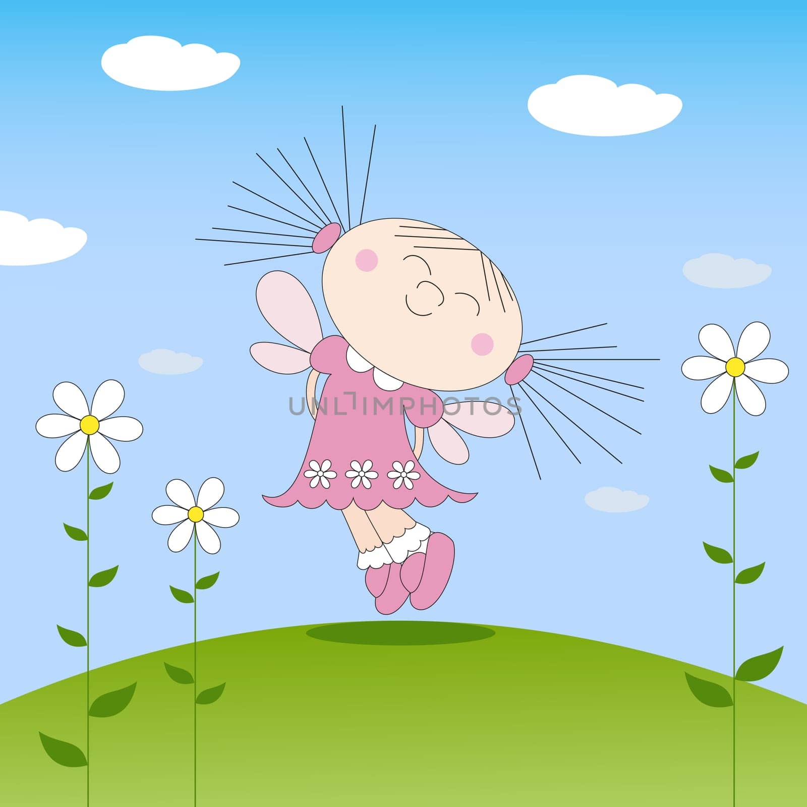 Vector illustration of a dreaming little girl among flowers at the sunny summer day