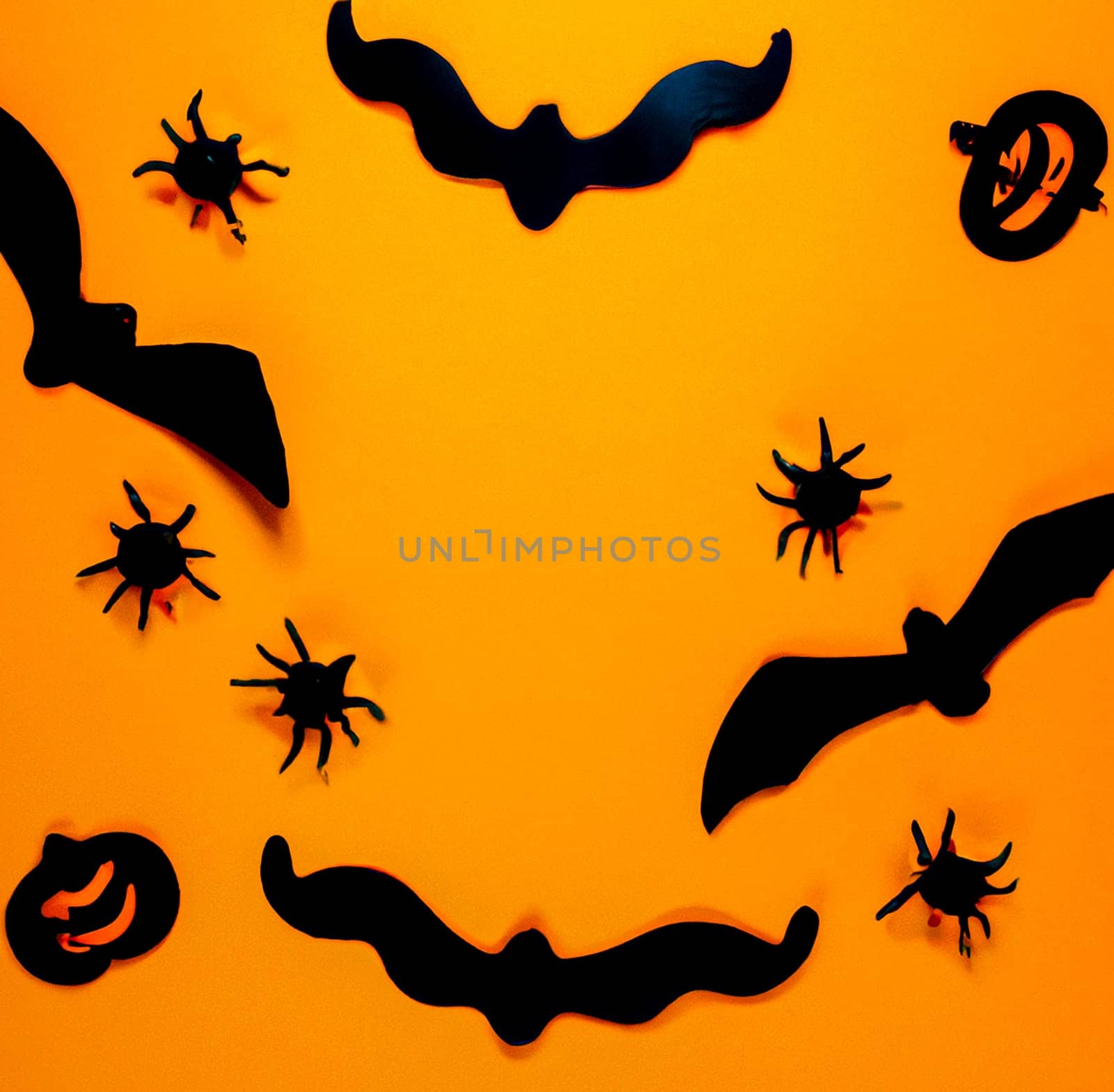 Happy Halloween Background llustration. Image Of Halloween Background With Pumpkins, Bats And Spiders