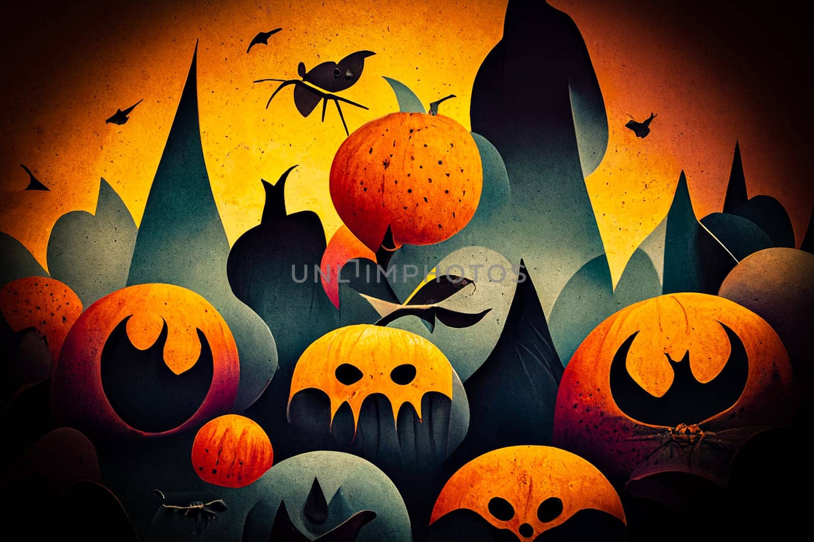 Halloween Background Vector Illustration. Image Of Halloween Background With Pumpkins, Bats And Spiders