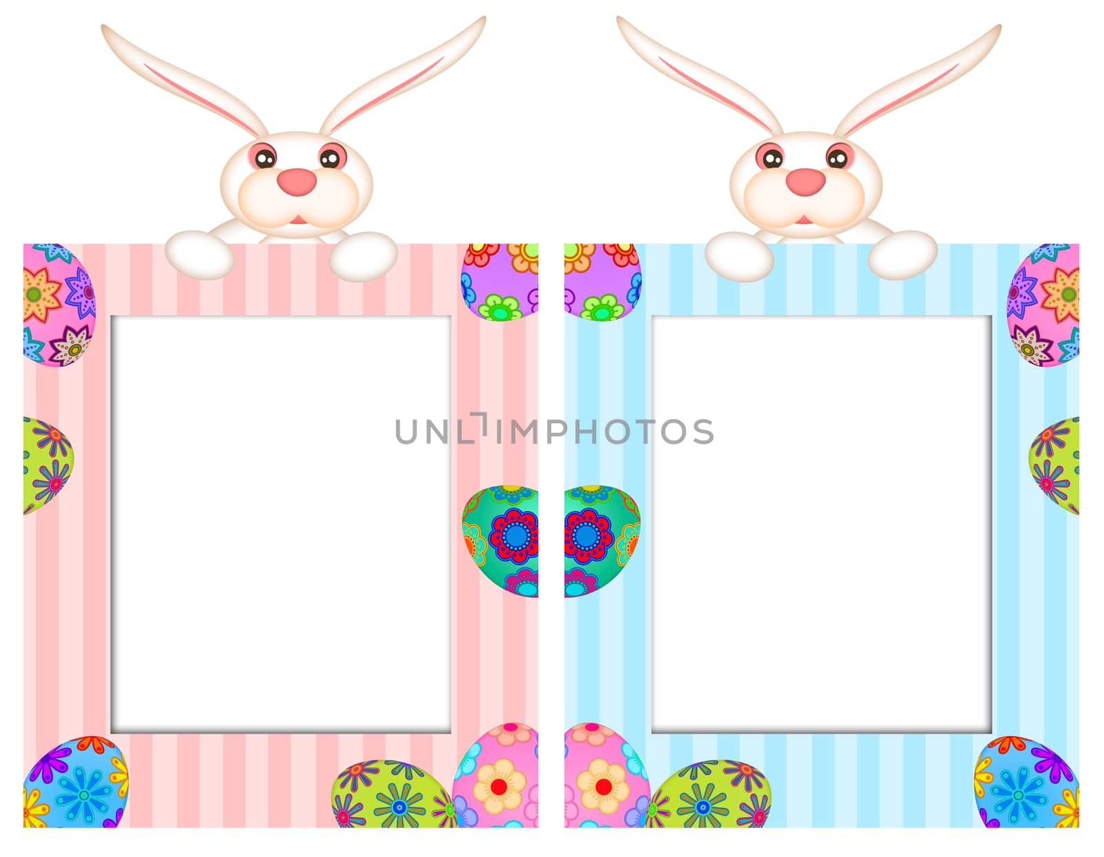 Easter Bunny Rabbit Picture Frame with Stripes and Floral Eggs Illustration