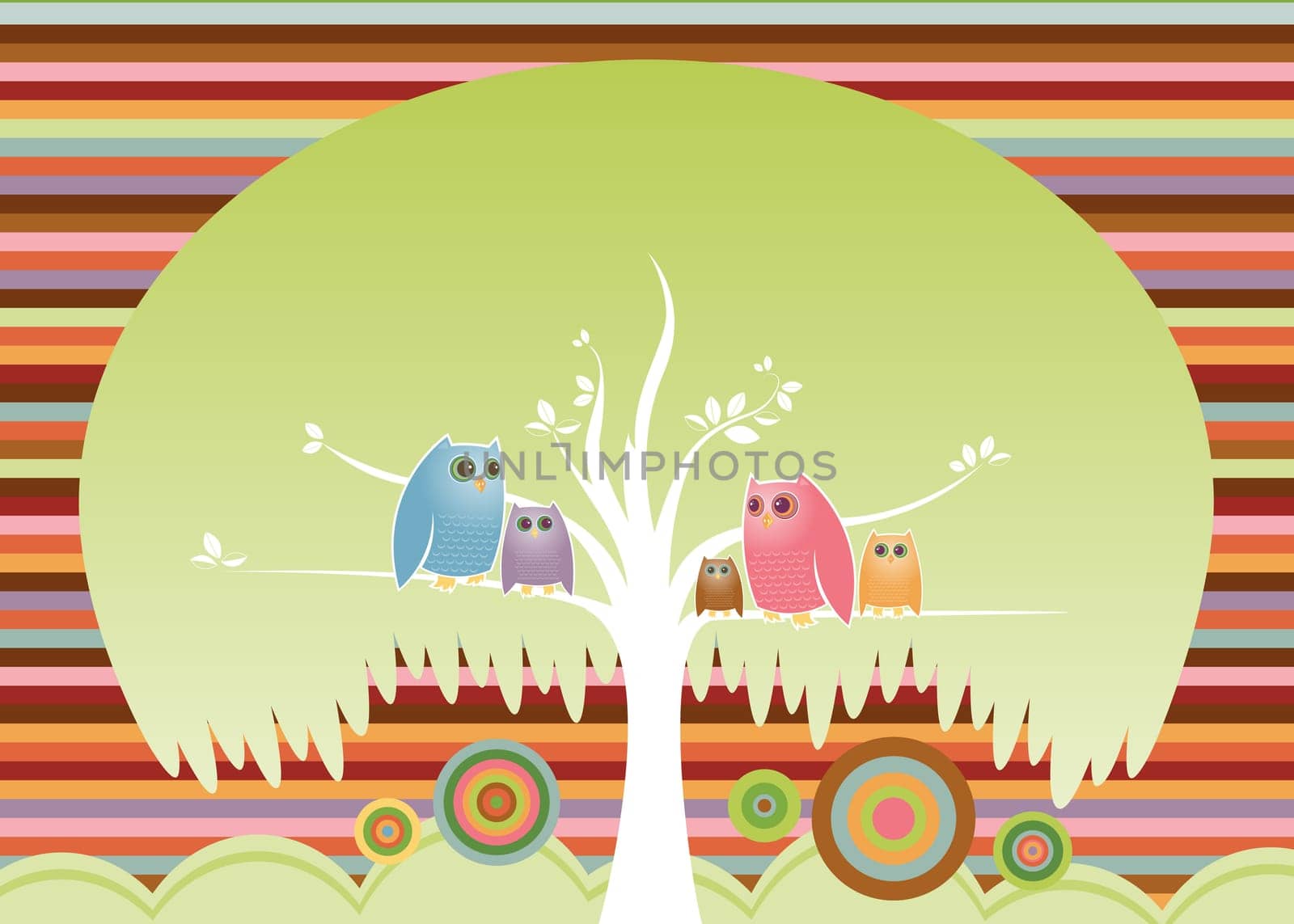 Colorful family of owls perched in their cozy tree...
