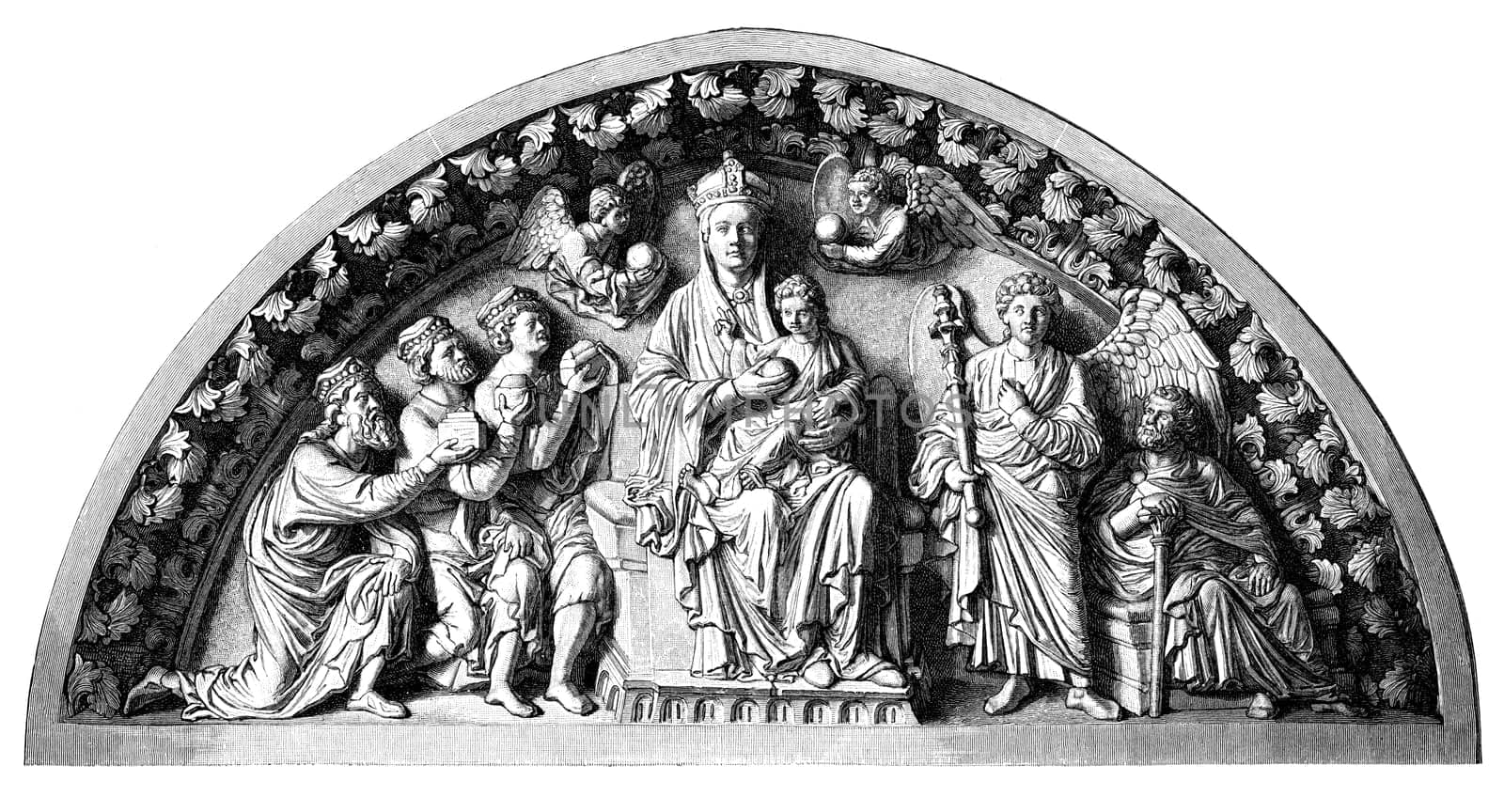 Detailed woodcut of the top of the Goldene Pforte (Golden Gate) .Freiberg (Freiburg) Minster cathedral circa 1480. Portrays the infant Jesus and Virgin Mary and the wise men and a host of angels. The sandstone sculpture is late Romanesque. .This is a reproduction of a woodcut woodblock print scanned and lovingly restored from an 1885 edition of Geschichte der Deutschen Kunst (Art Illustrated) volume 1 from the up-loaders personal archive..