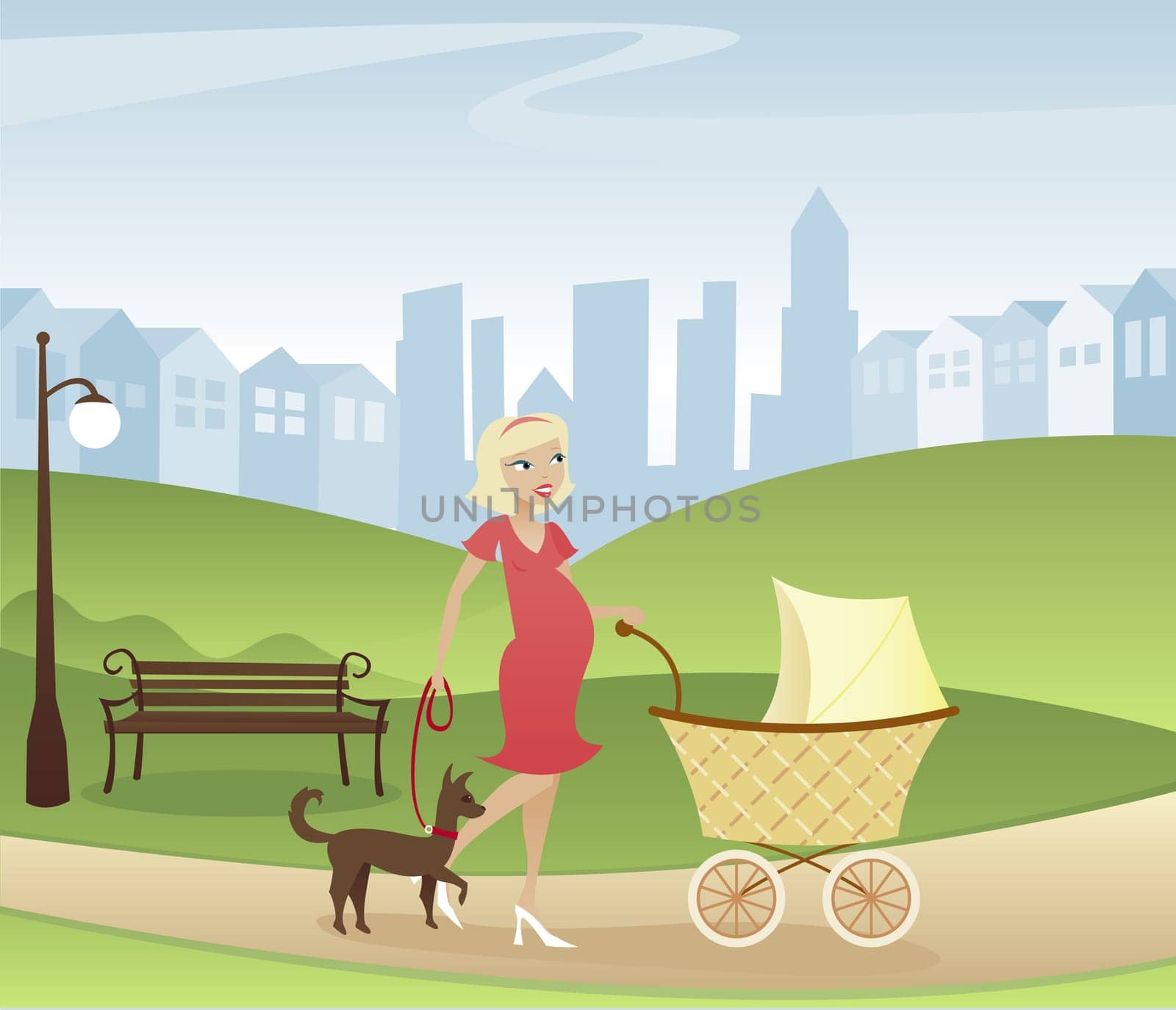 Mother with one on the way - taking a stroll through the park with stroller and dog - city and homes in the distance