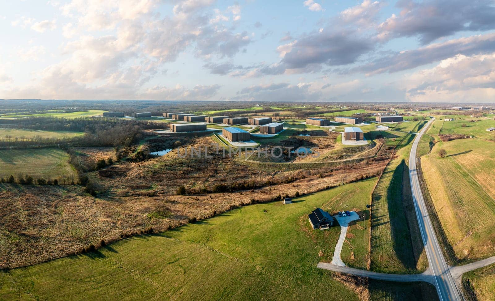 Aerial panoramic view of the bourbon storage facility of Heaven Hill Distillery in Bardstown, Kentucky