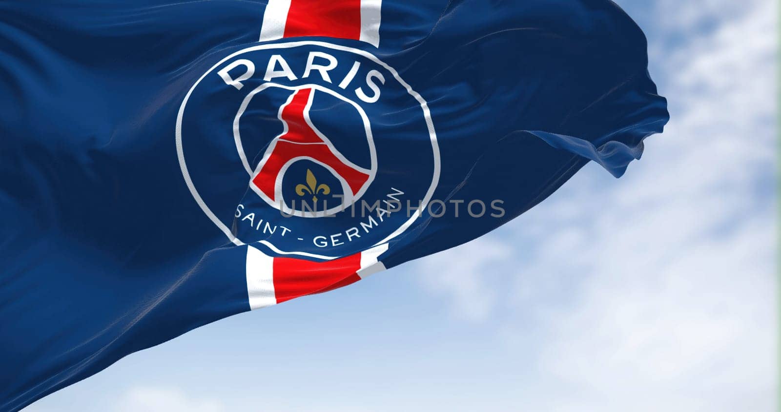 Paris, FRA, sept 2022: The flag of Paris Saint Germain football club waving in the wind. Paris Saint Germain is a professional football club based in Paris, France
