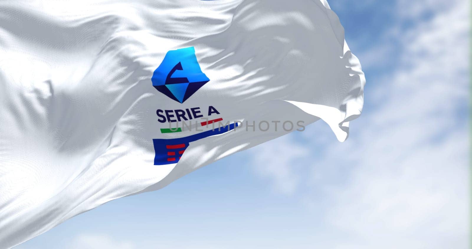Rome, ITA, July 2022: Close-up of the Serie A TIM flag waving in the wind. Serie A Serie A is the top division of the Italian men football league. Fabric textured background. Illustrative editorial