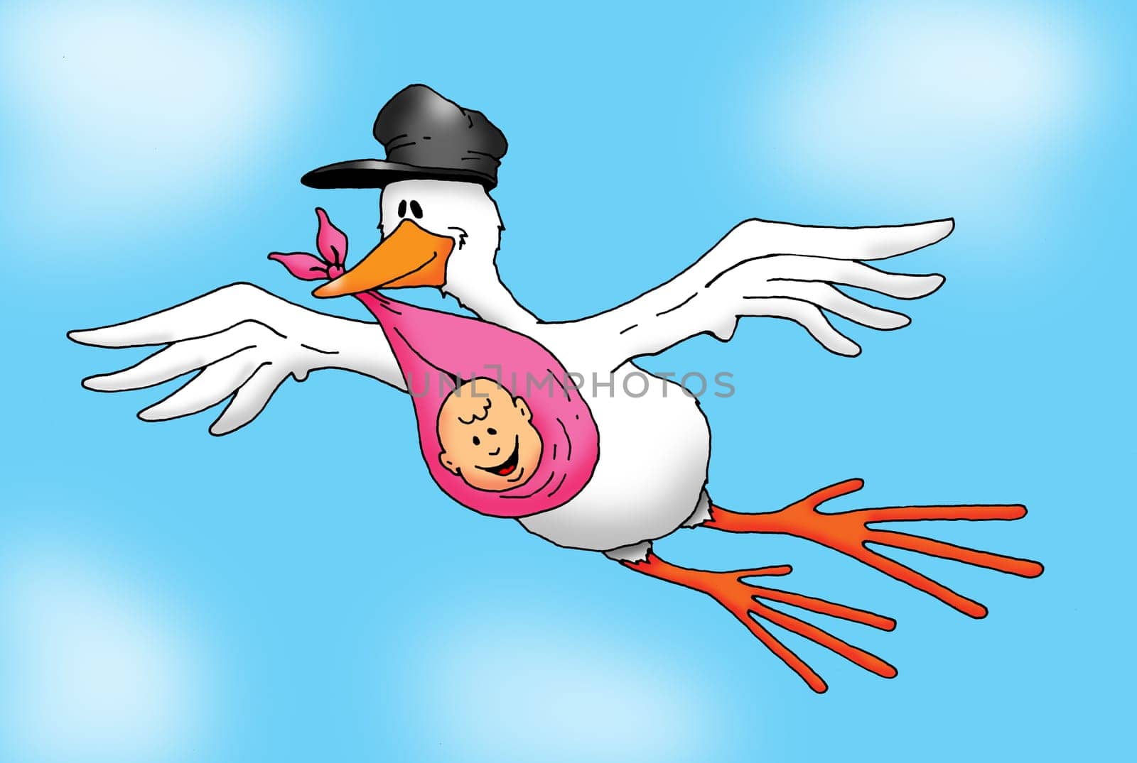 Image of a Stork carrying a Baby Girl.