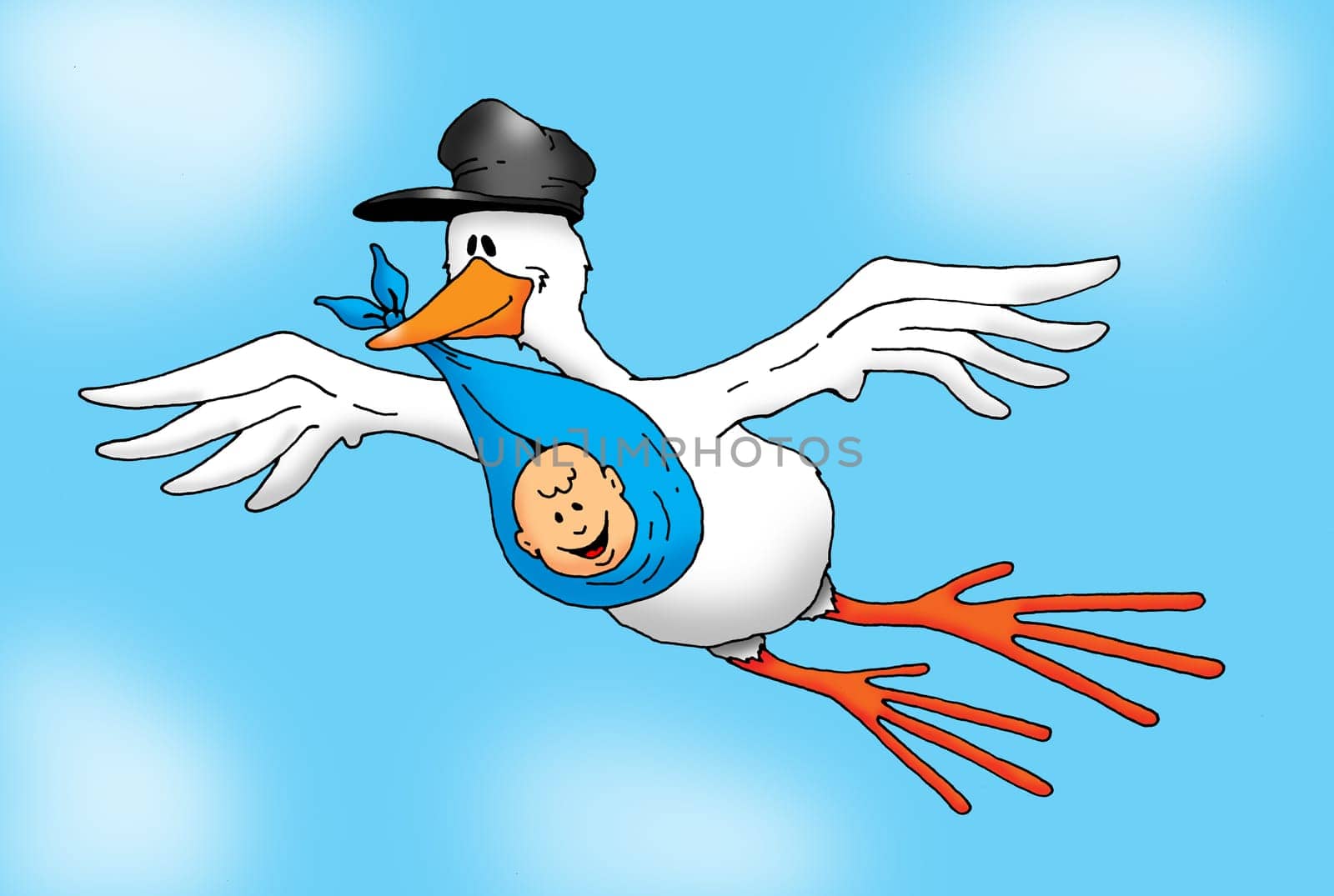 Image of a Stork carrying a Baby Boy.