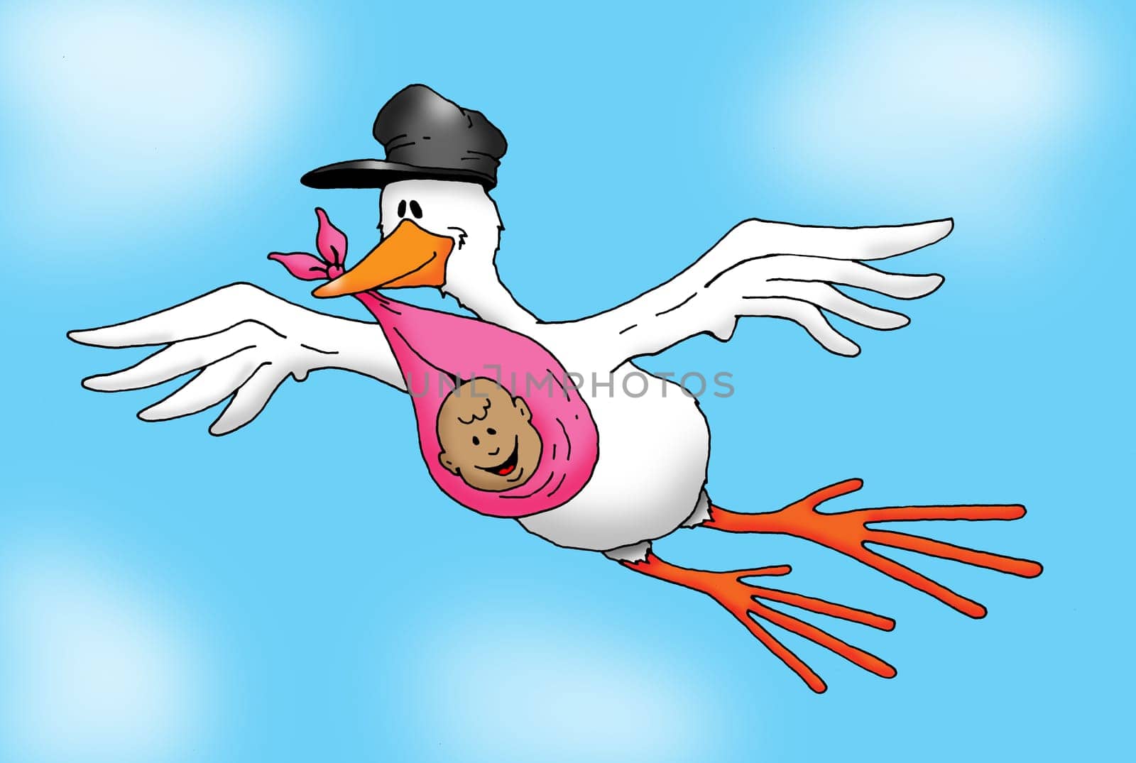 Image of a Stork carrying an African-American Baby Girl.