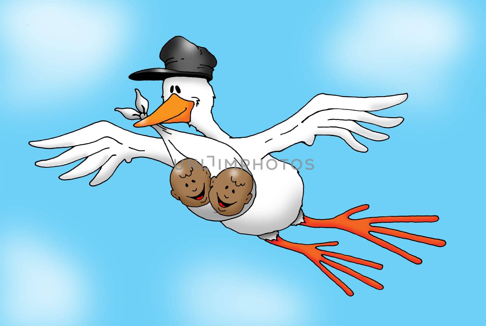 Image of a Stork carrying African-American Twins.