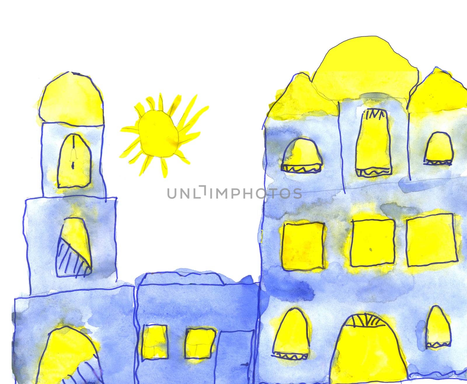 Urban building children's figure on a paper