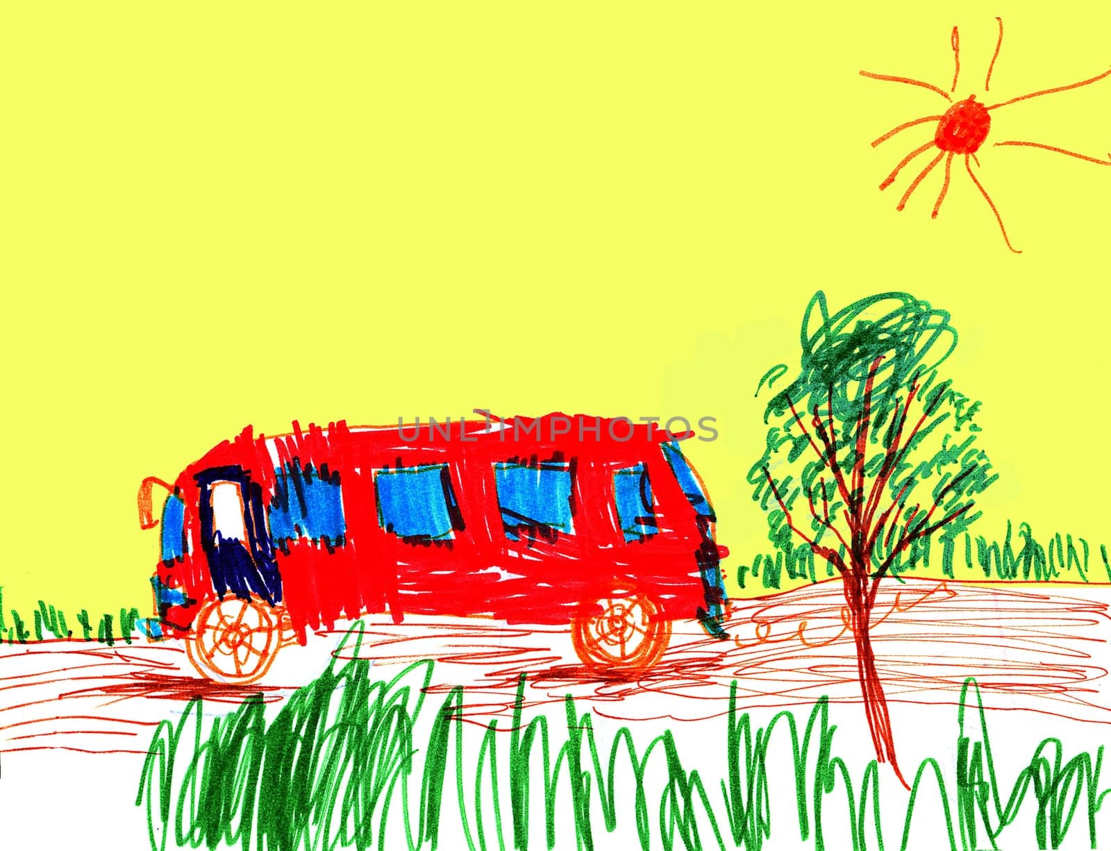 The school bus children's figure on a paper