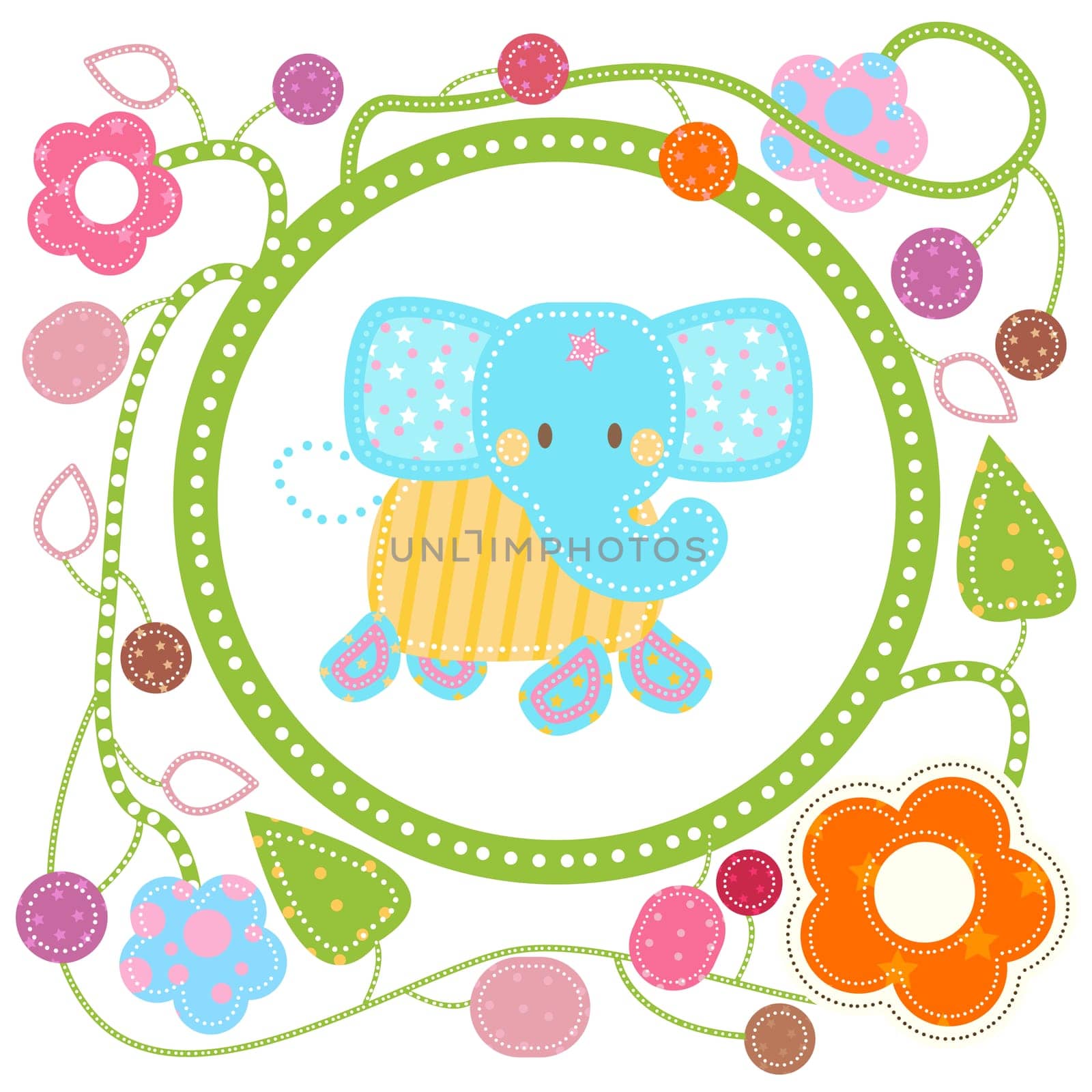 sweet blue elephant in flowery frame