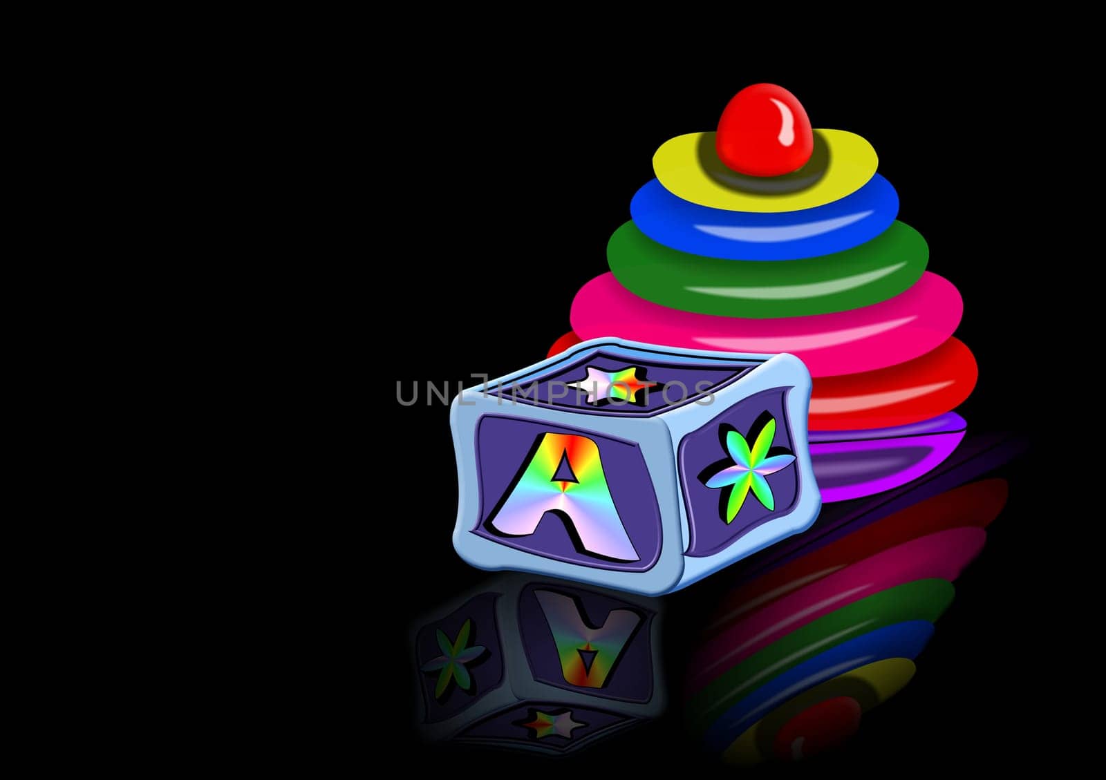 Colorful illustration of two childrens toys. Background is on a work path.