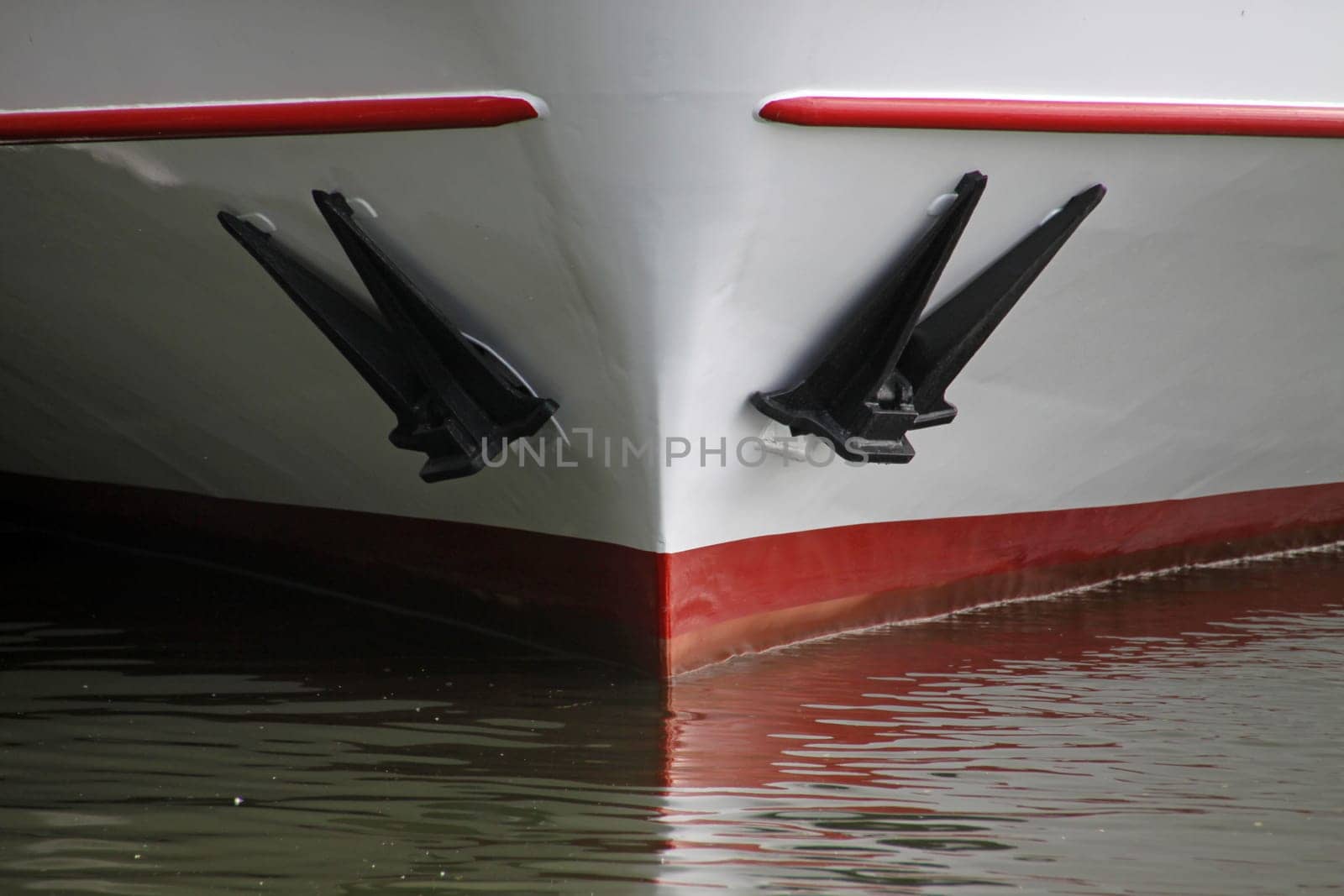 Bow of a barge with anchors