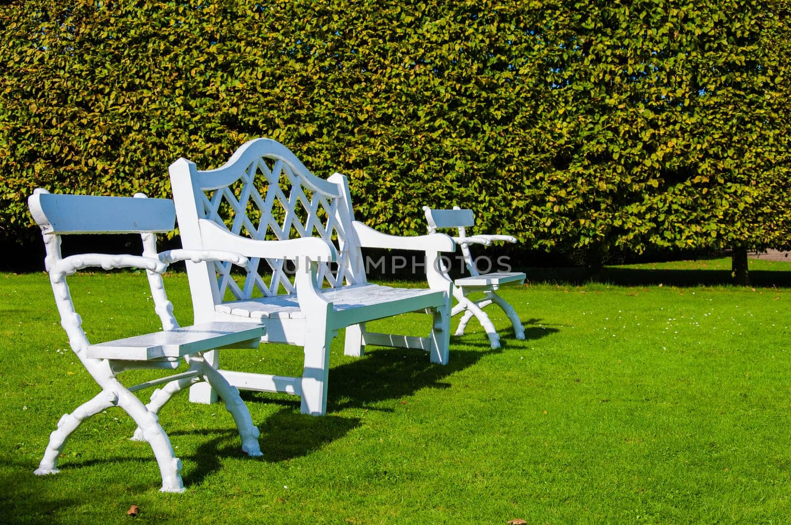 White wooden bench and chairs in countryside English park