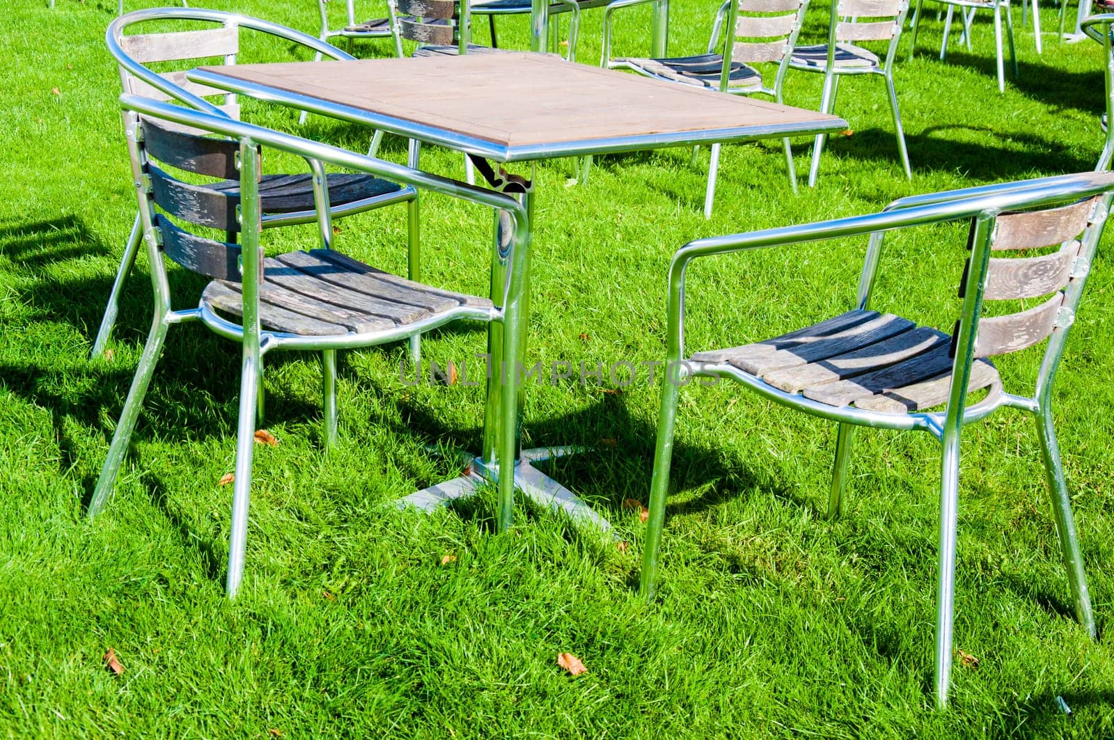 Tables and chairs in the garden at summer time