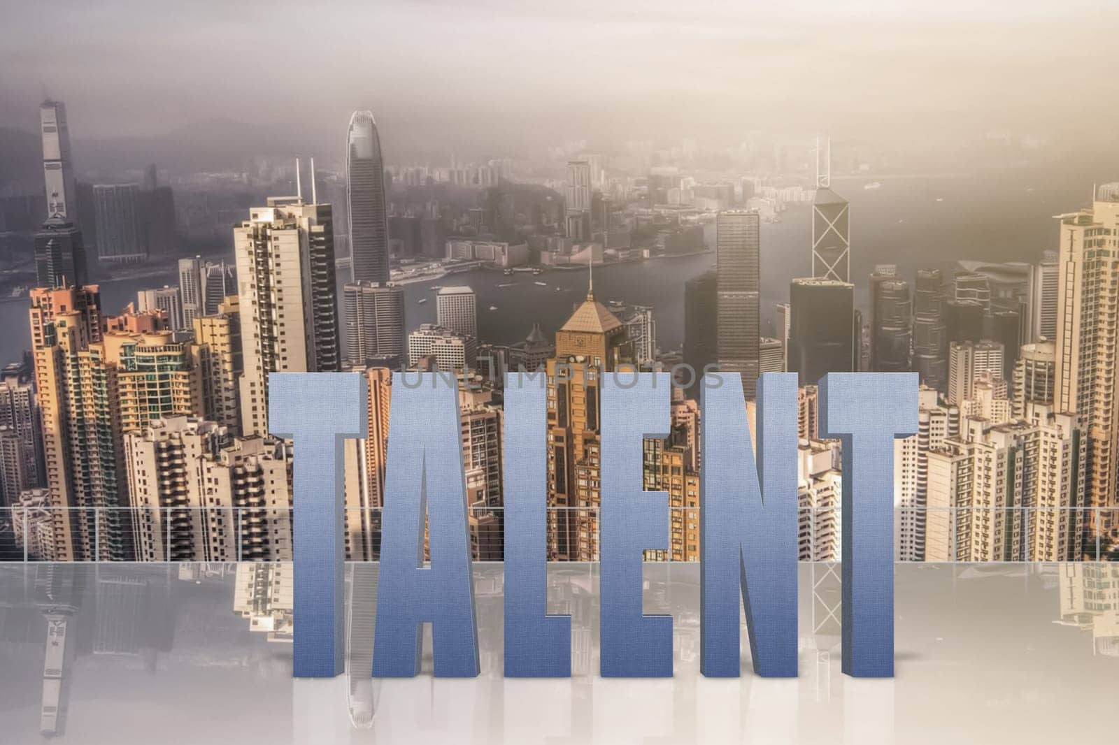 Concept of talent, ability, capacity etc with 3d text under sky in the modern city.