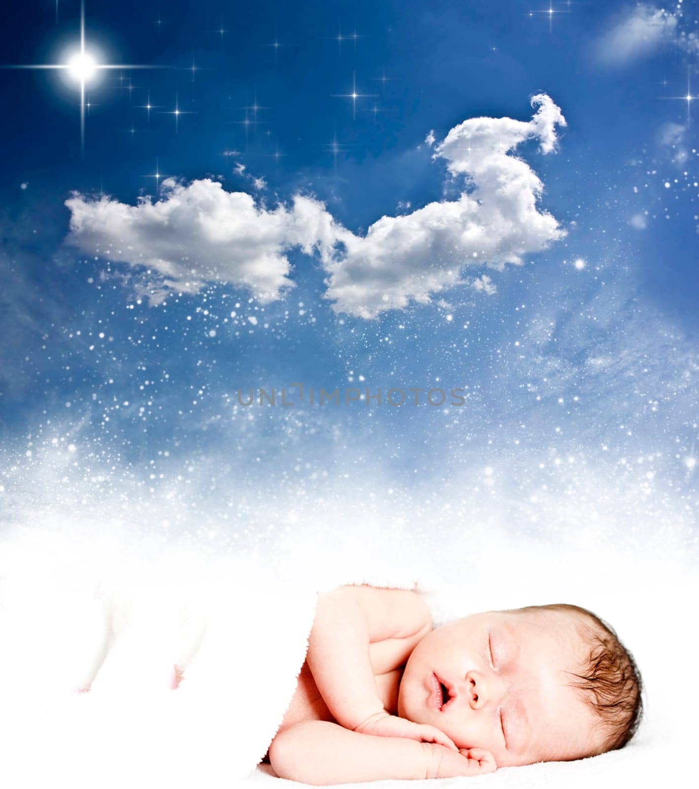 Magic winter night sky background and sleeping baby