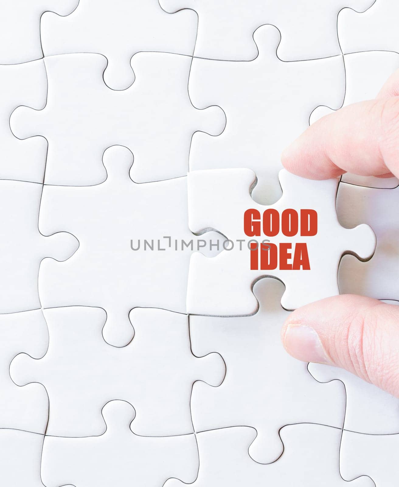 Missing jigsaw puzzle piece with word GOOD IDEA. Business concept image for completing the puzzle.