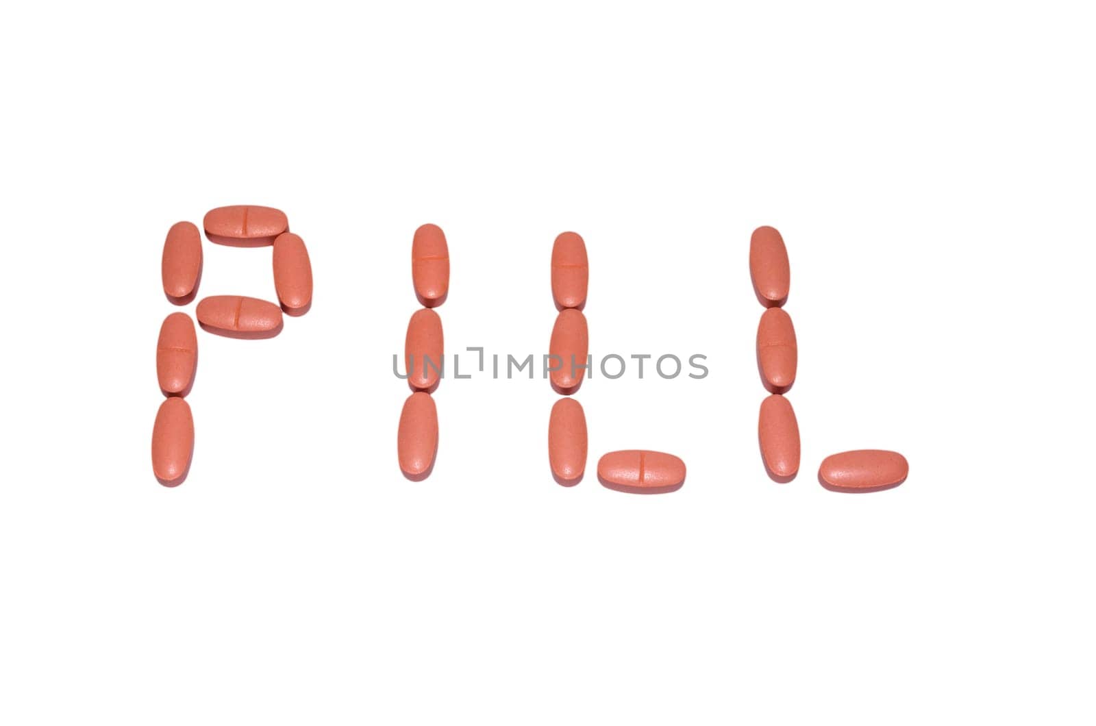 A series of tablets distributed on a bright background that results in the word pill.