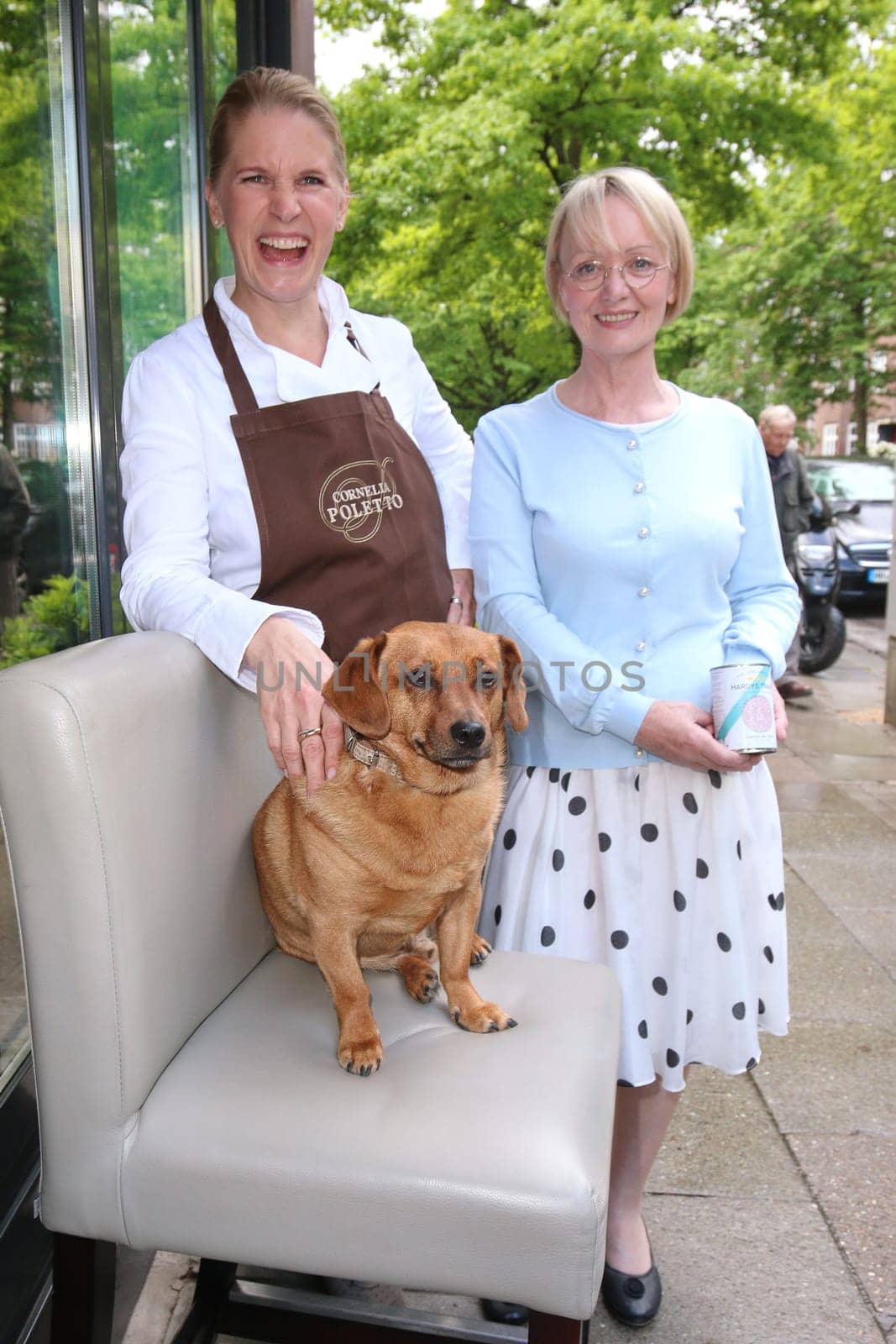 Helga Frambach (HARDYS MANUFAKTUR for dog food).. and Cornelia Poletto with dachshund "Franz"",press event for the start of the ""HARDYS TRAUM EDITION CORNELIA POLETTO"" dog food,at the Cucina Cornelia Poletto,Hamburg,19.05.2015"